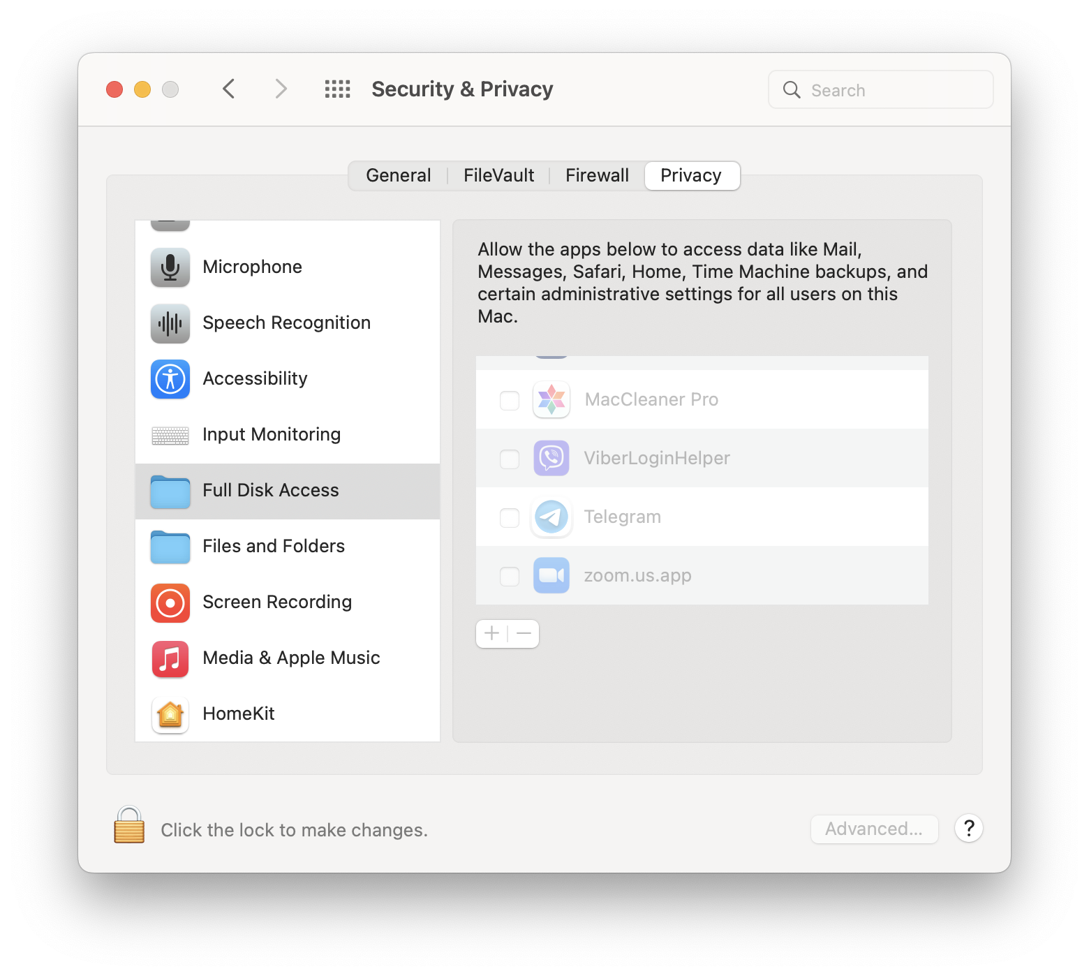  system preferences showing the privacy settings