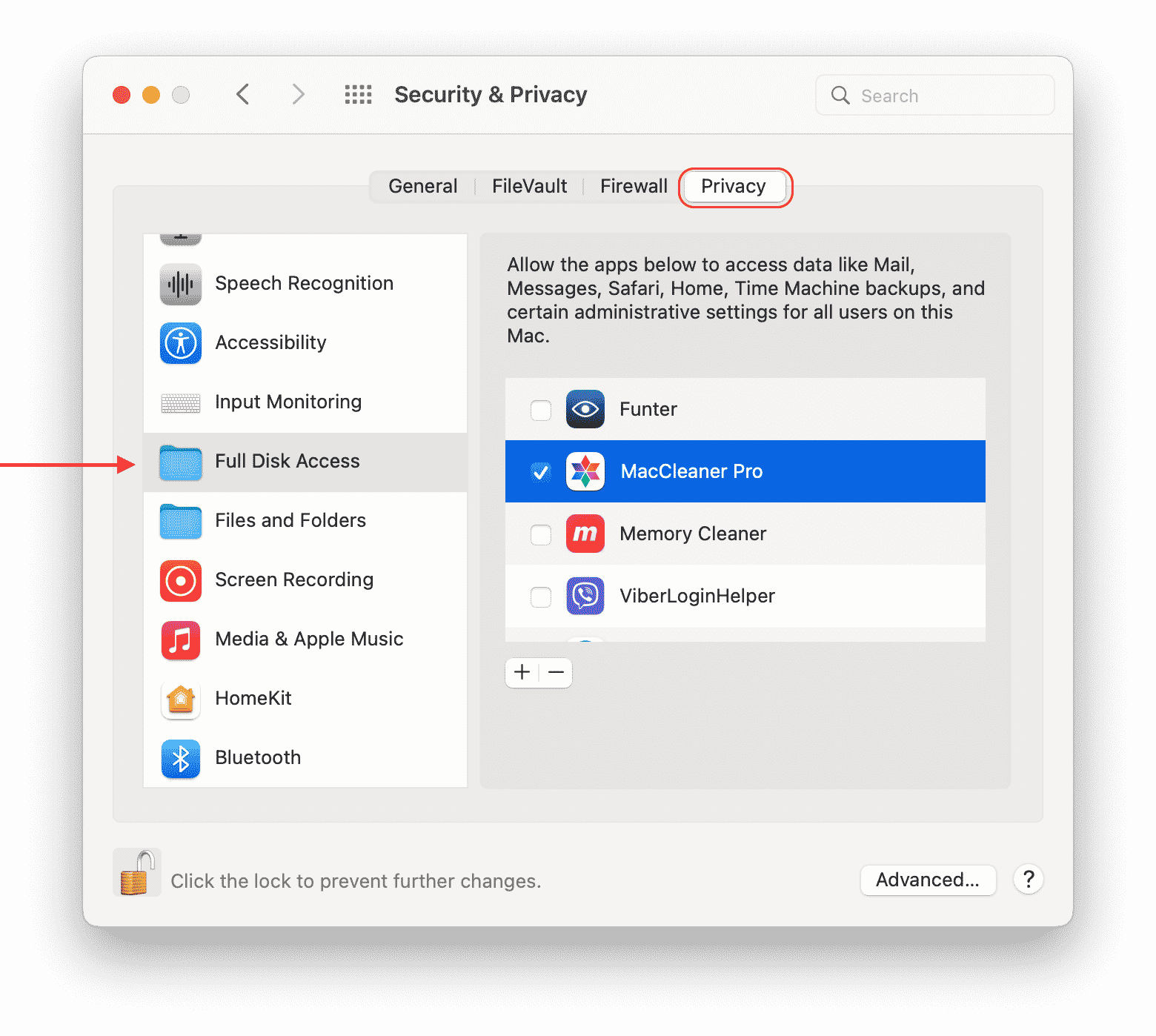 system preferences showing how to allow maccleaner to grant full disk access