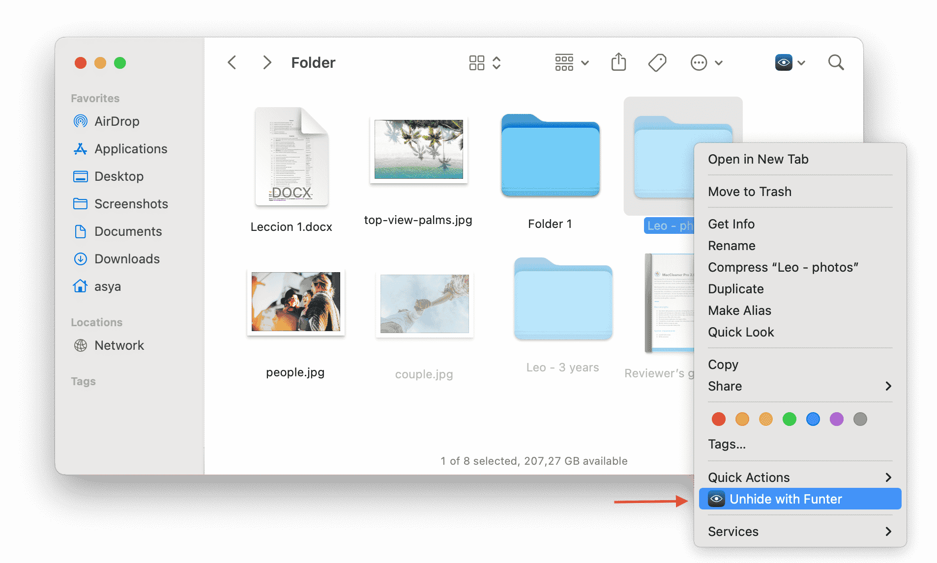 context menu showing the option to hide files with Funter