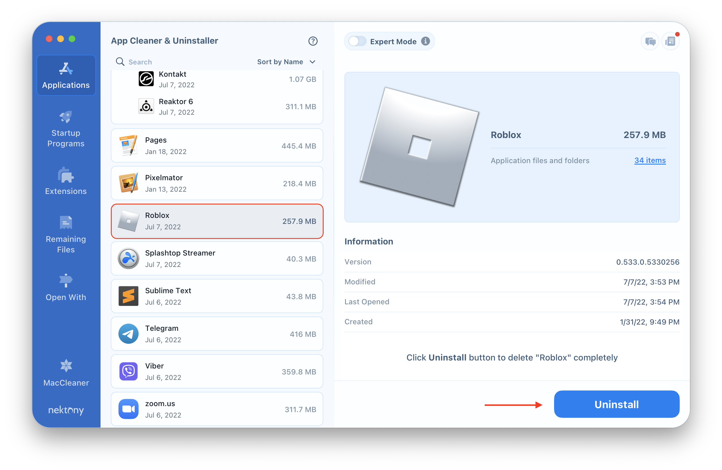 Removing Roblox with App Cleaner & uninstaller