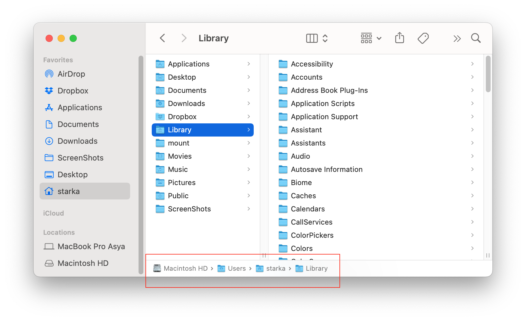 Finder showing user library