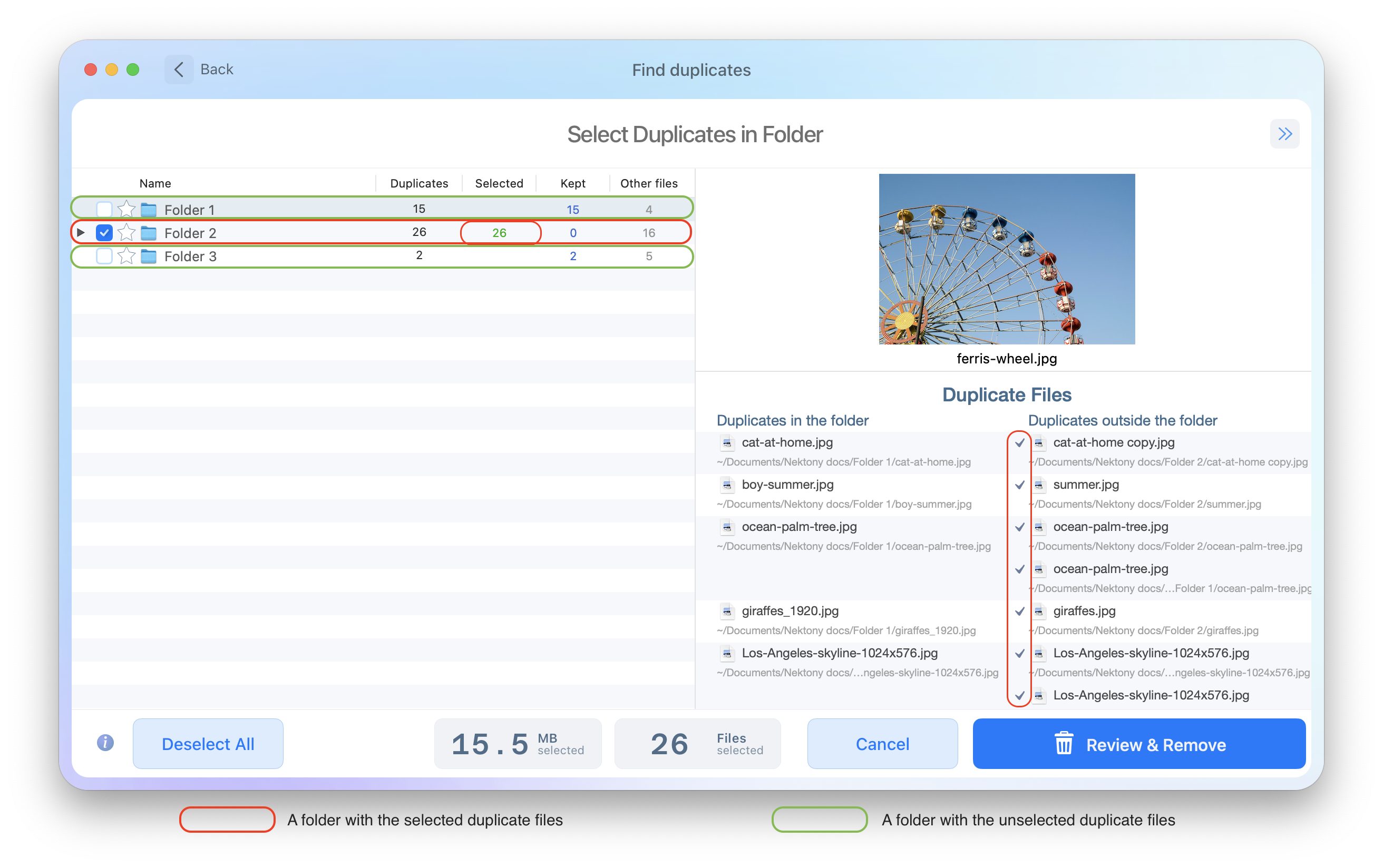 duplicate file finder showing folders where to remove duplicates