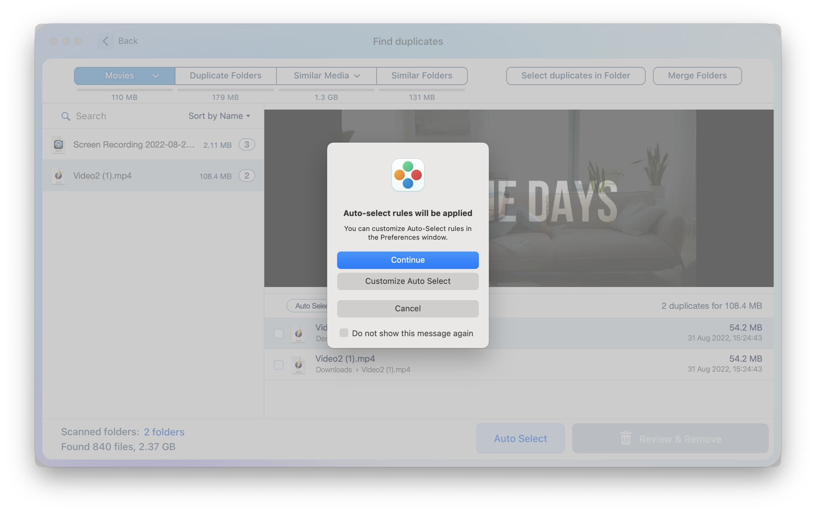 Duplicate File Finder window offers to customize Auto Select option