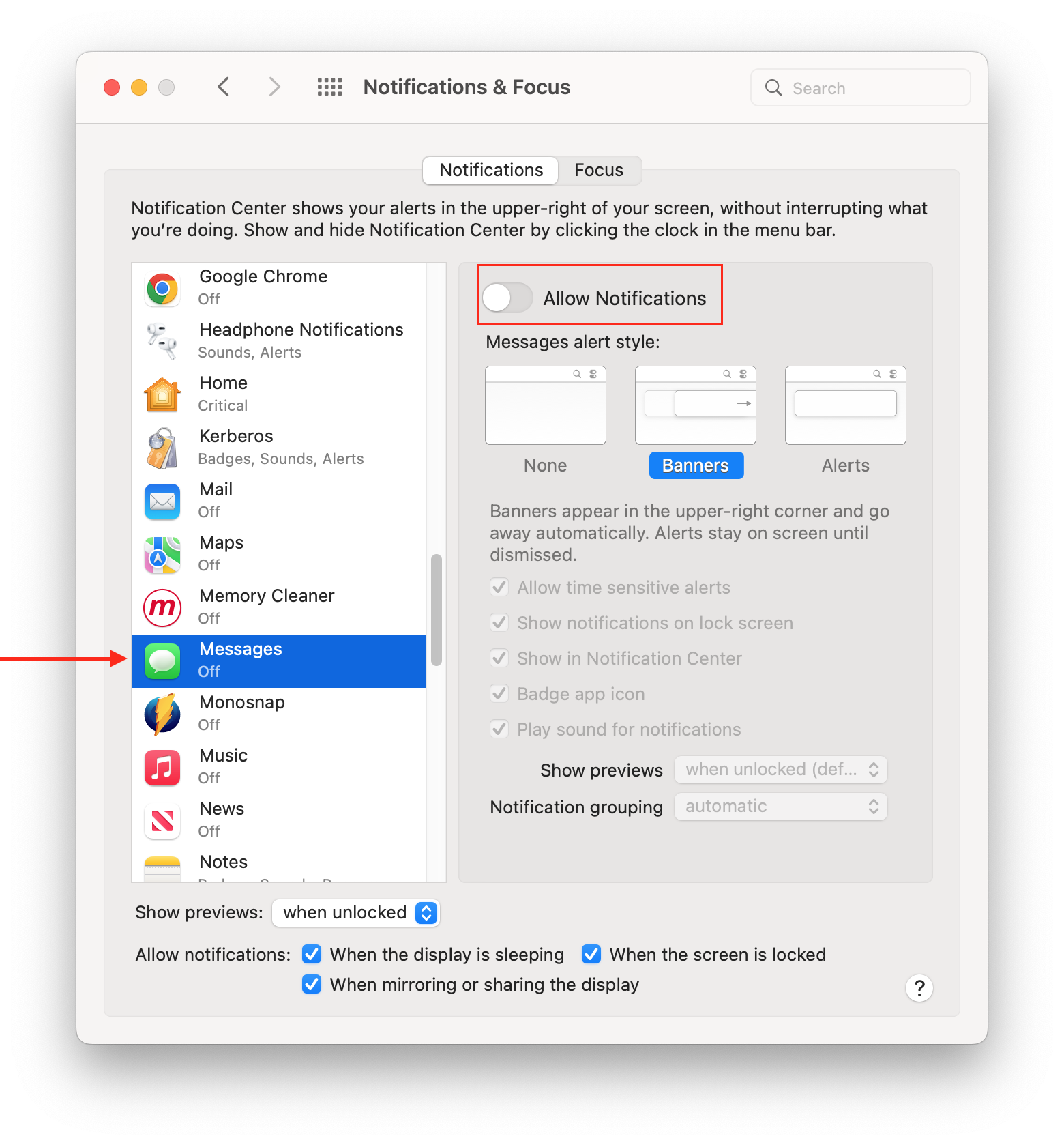 message notifications preferences