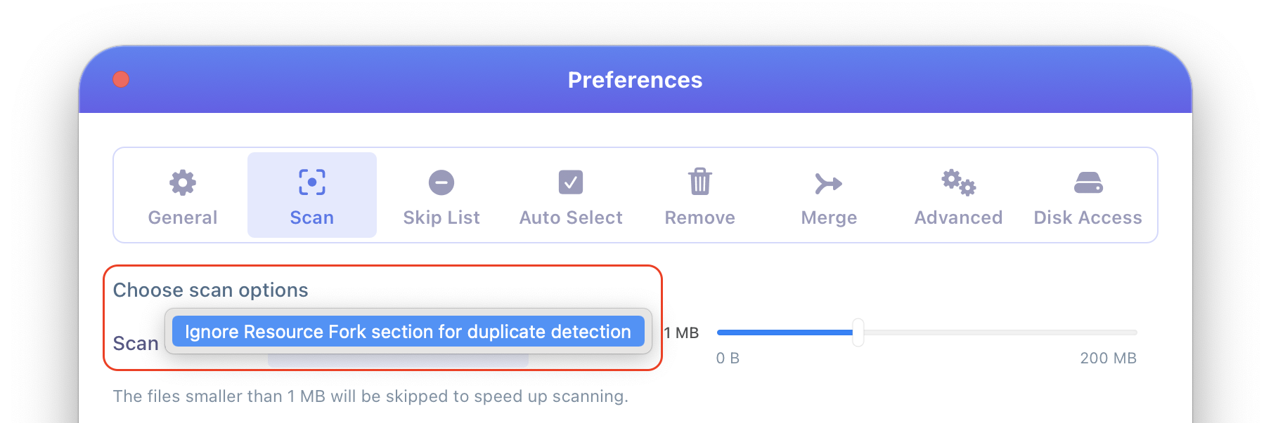 preferences window for duplicate file finder