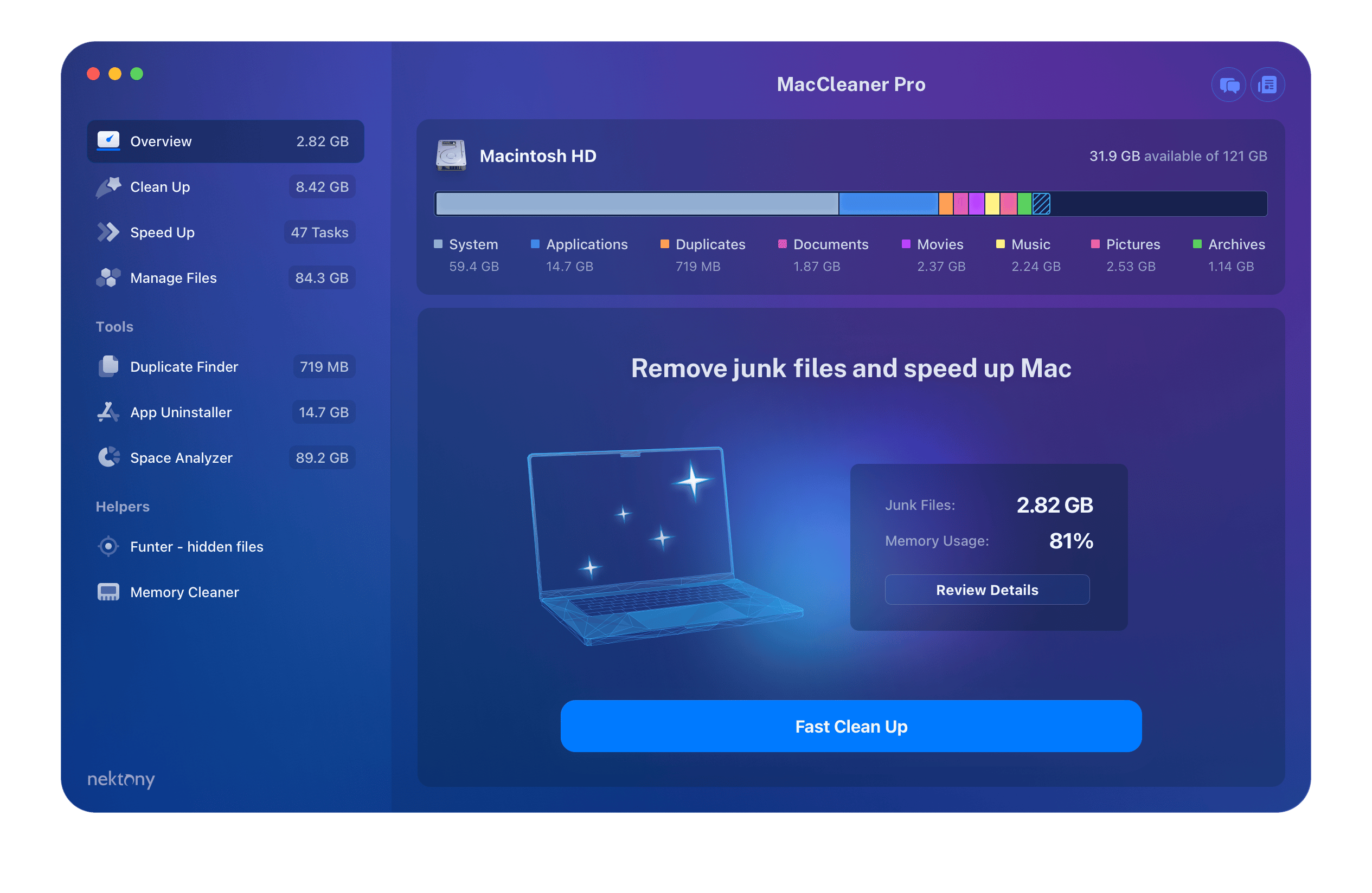 MacCleaner Pro showing Overview window