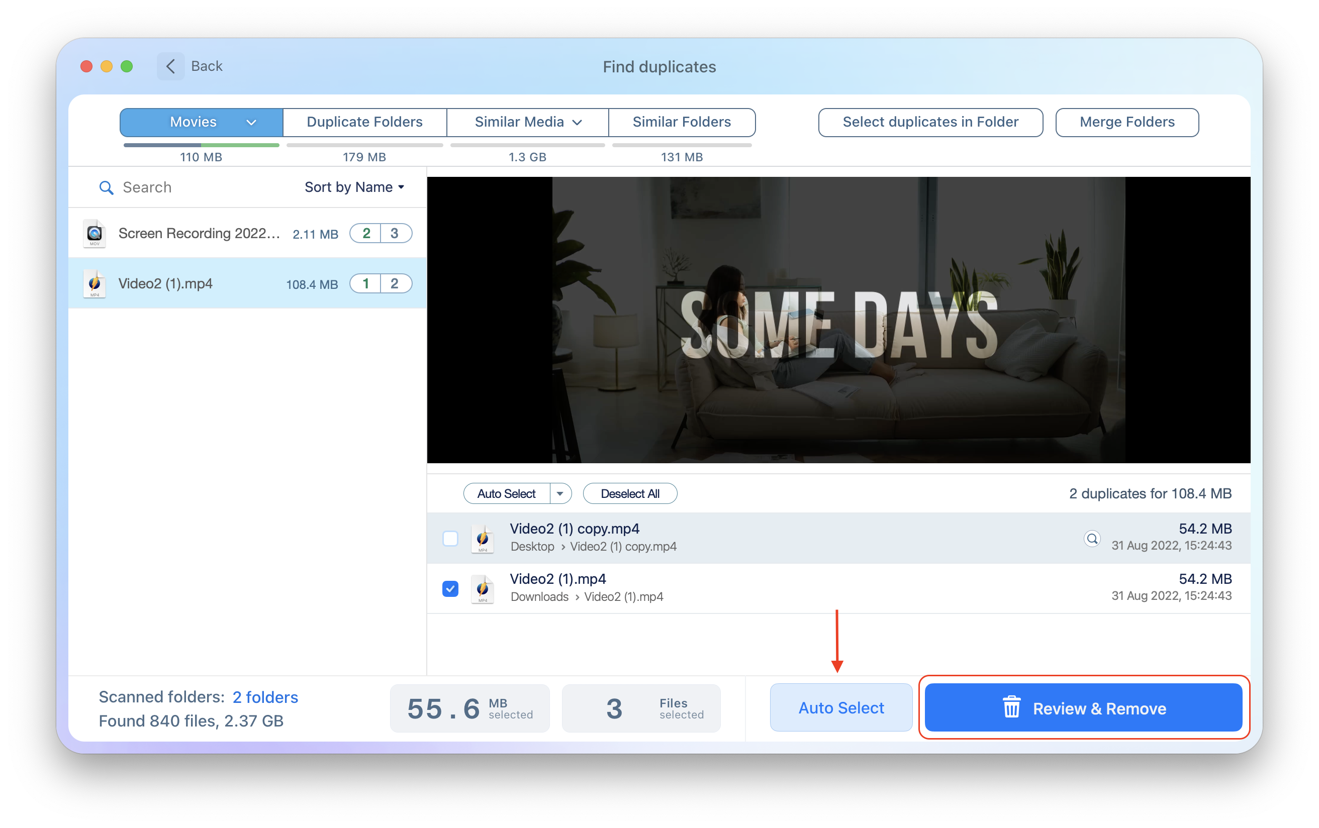 Duplicate File Finder window showing Movies section with copies selected for removal 