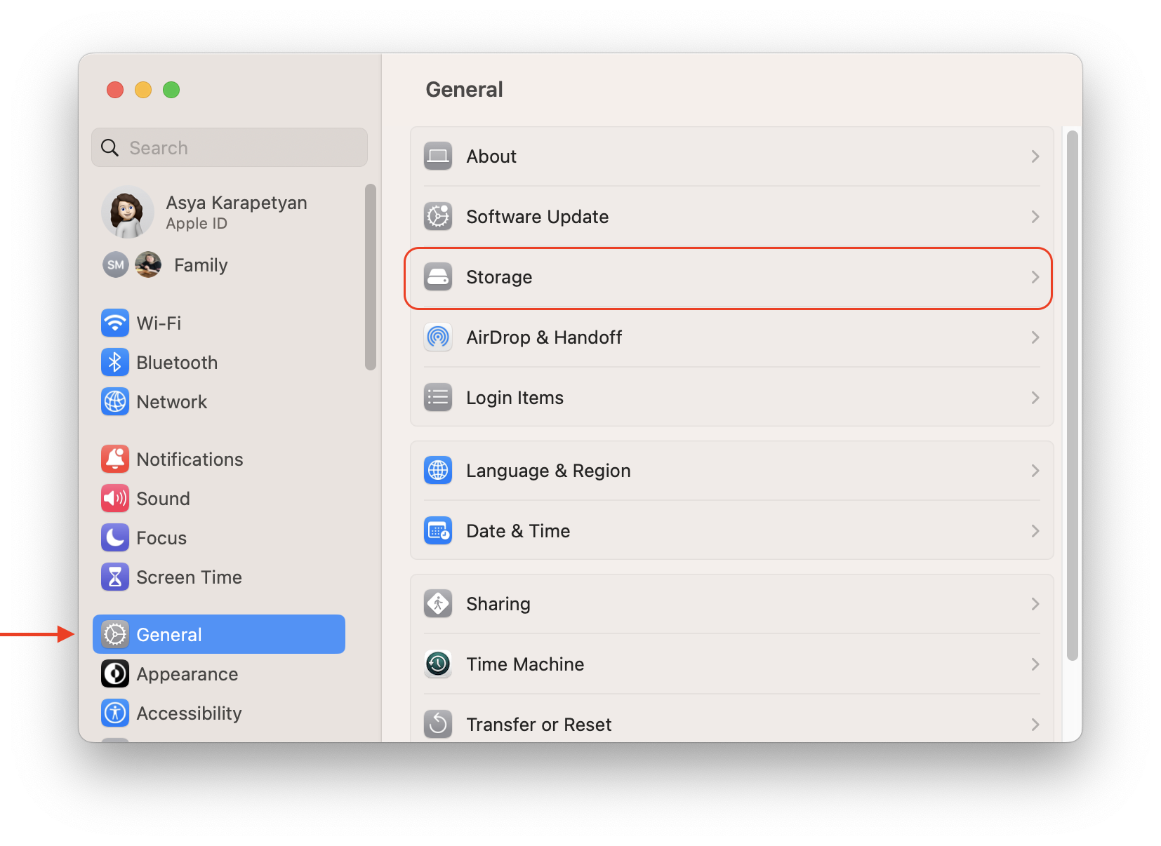 The Storage option in system settings