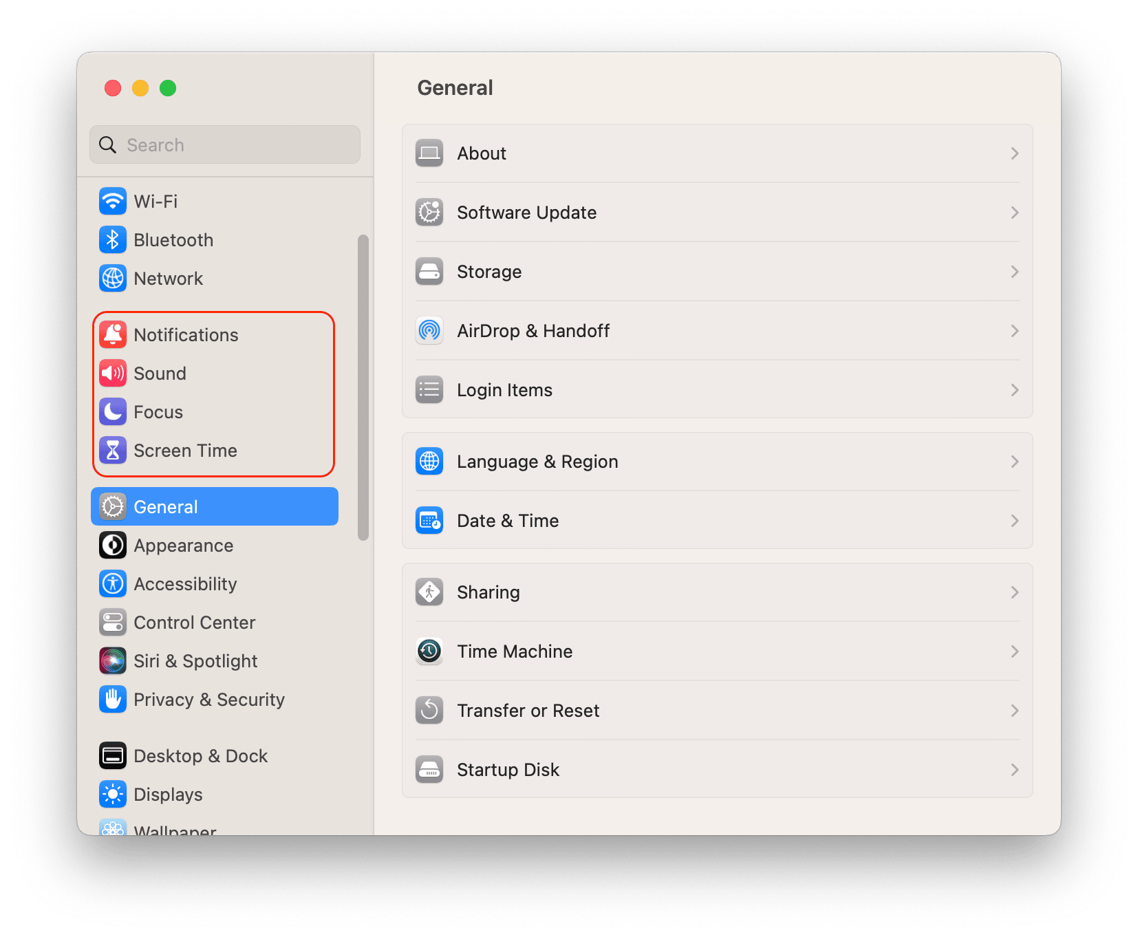 System Settings window showing groups of options