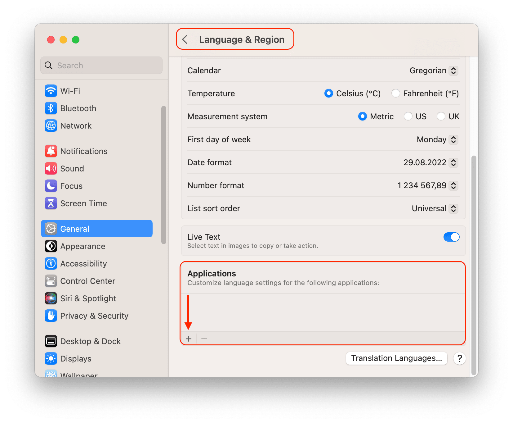 System Settings window showing language preferences