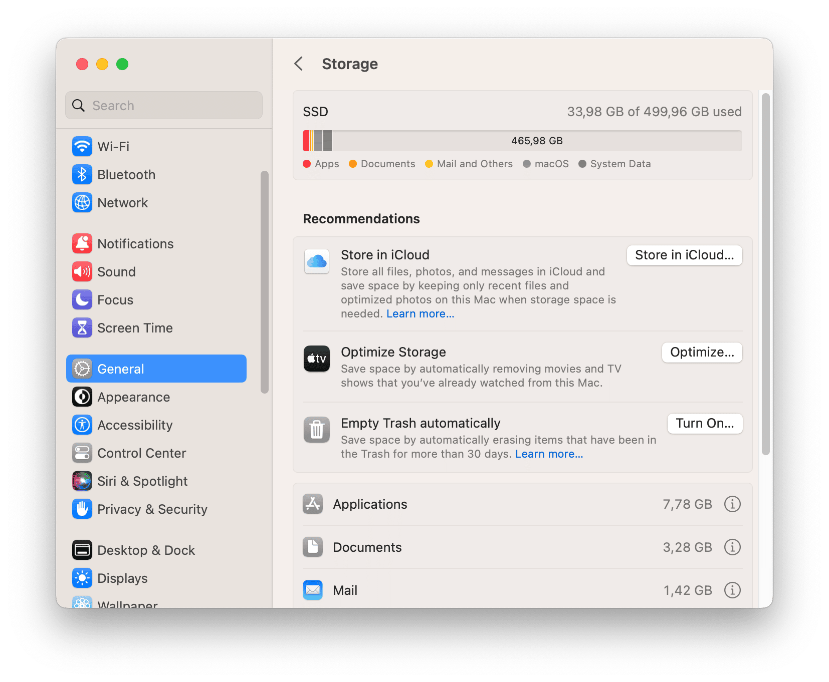 System Settings window showing disk usage