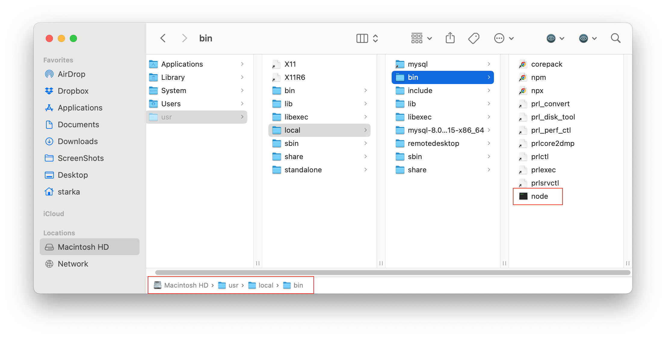 Finder showing Node files