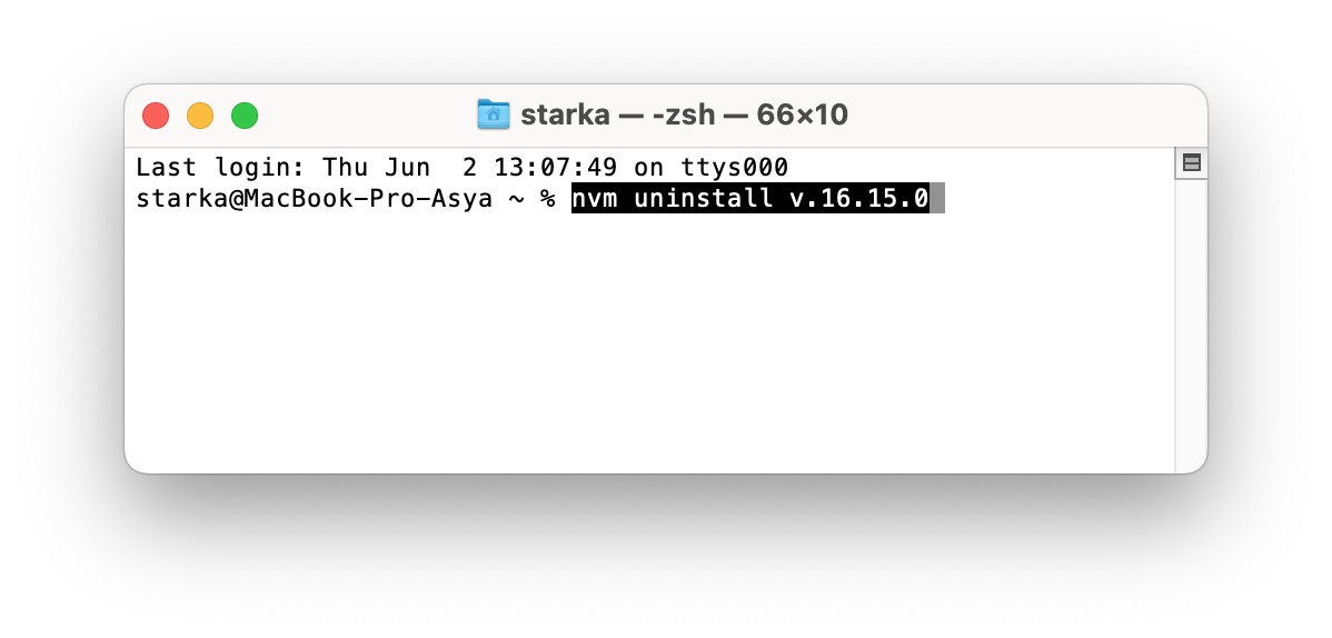 Terminal window showing the command to uninstall Node from your Mac