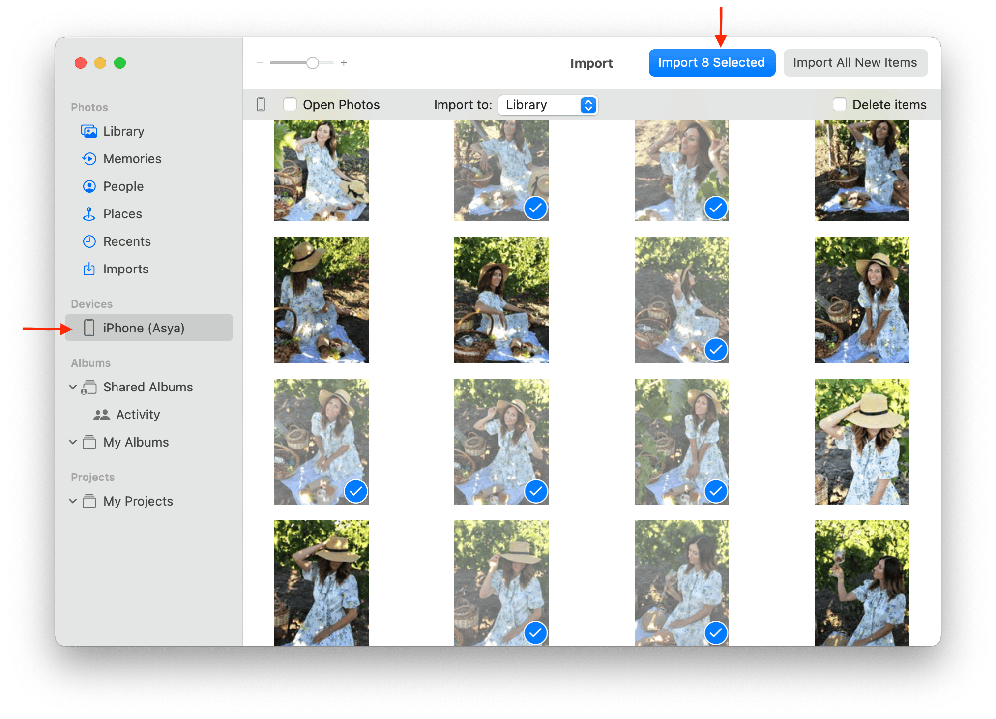 Photos app showing selected photos for transferring