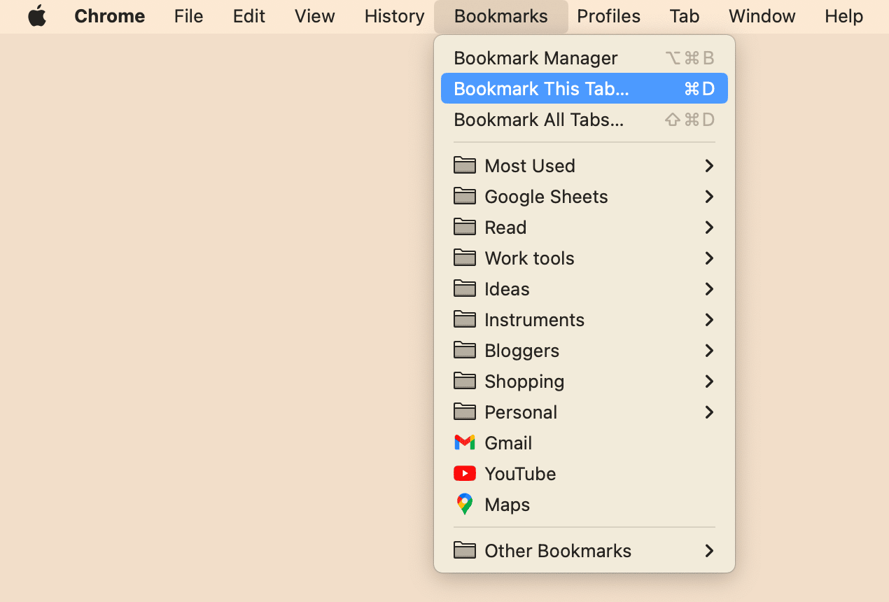 Chrome menu bar showing the Bookmark option