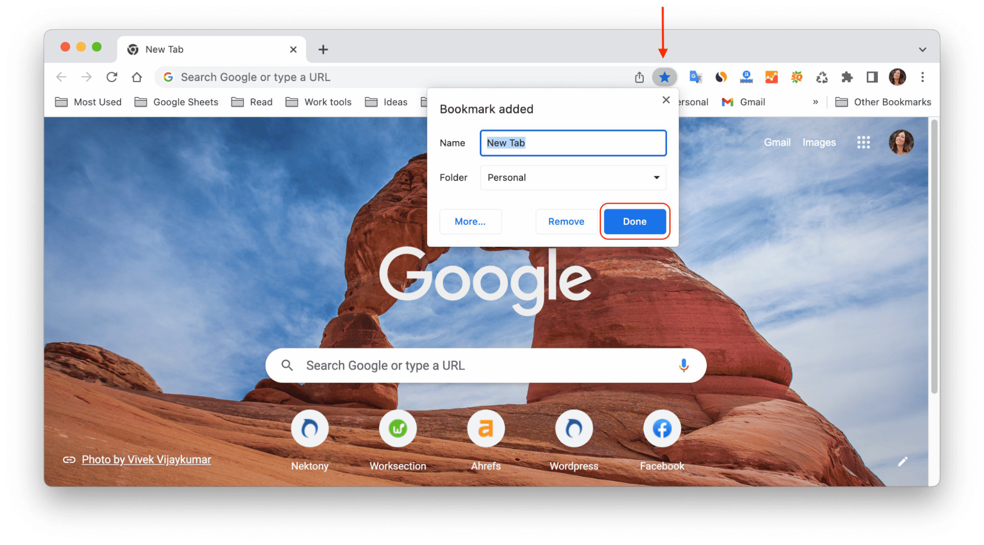 Chrome window showing the star icon to bookmark pages