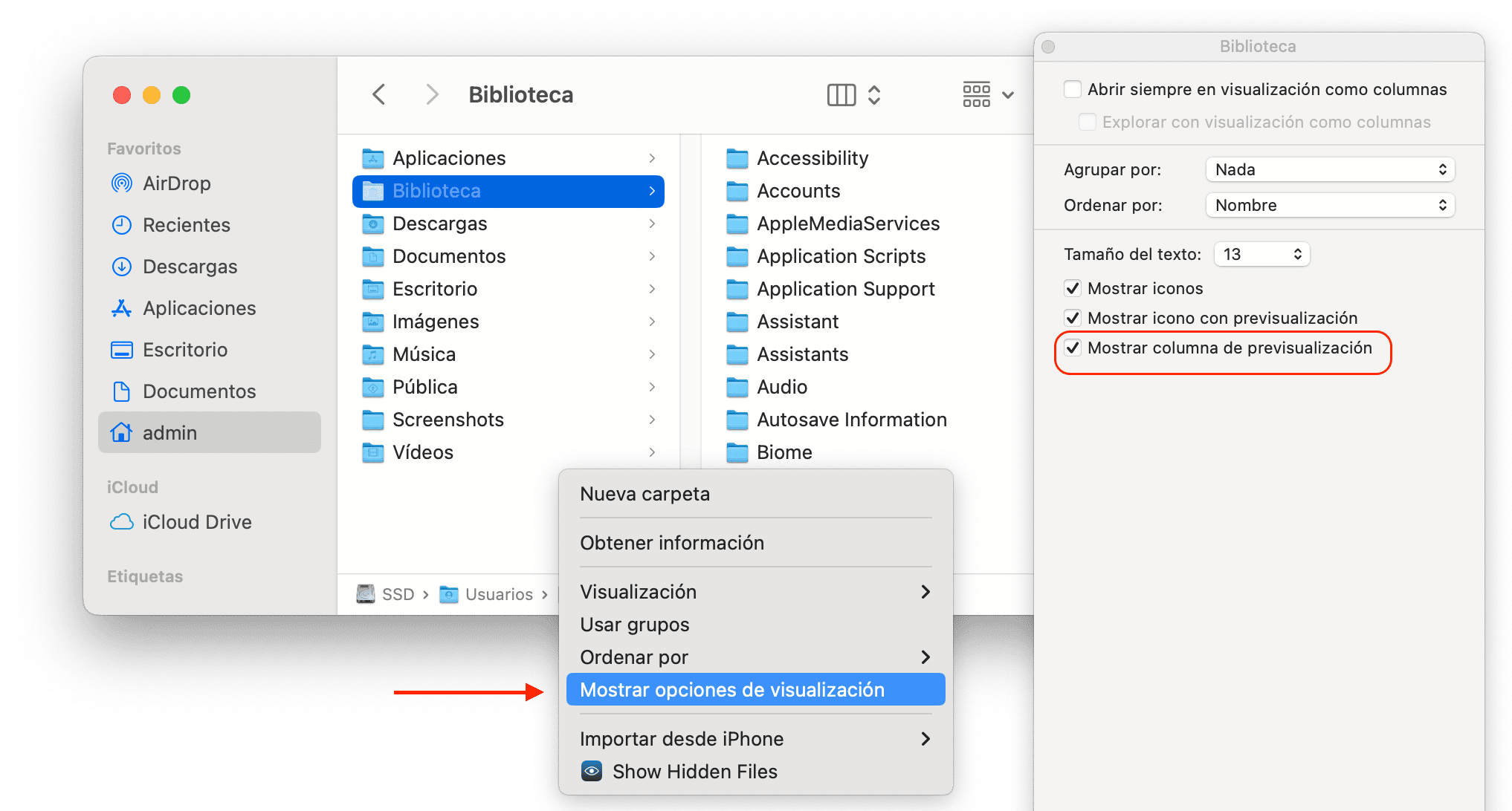 View options preferences for Finder showing how to unhide Library