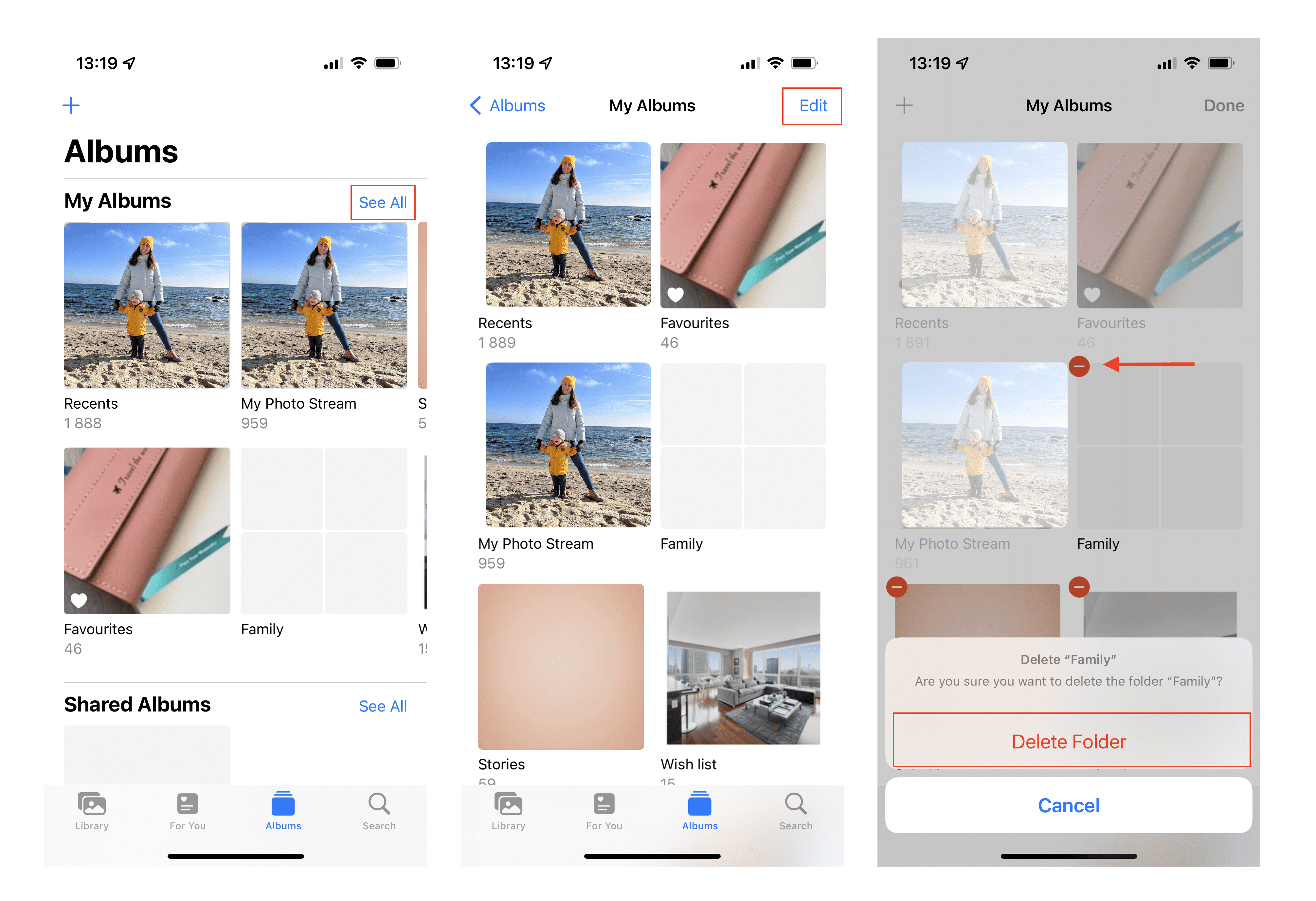 iPhone screens showing how to remove albums in Photos