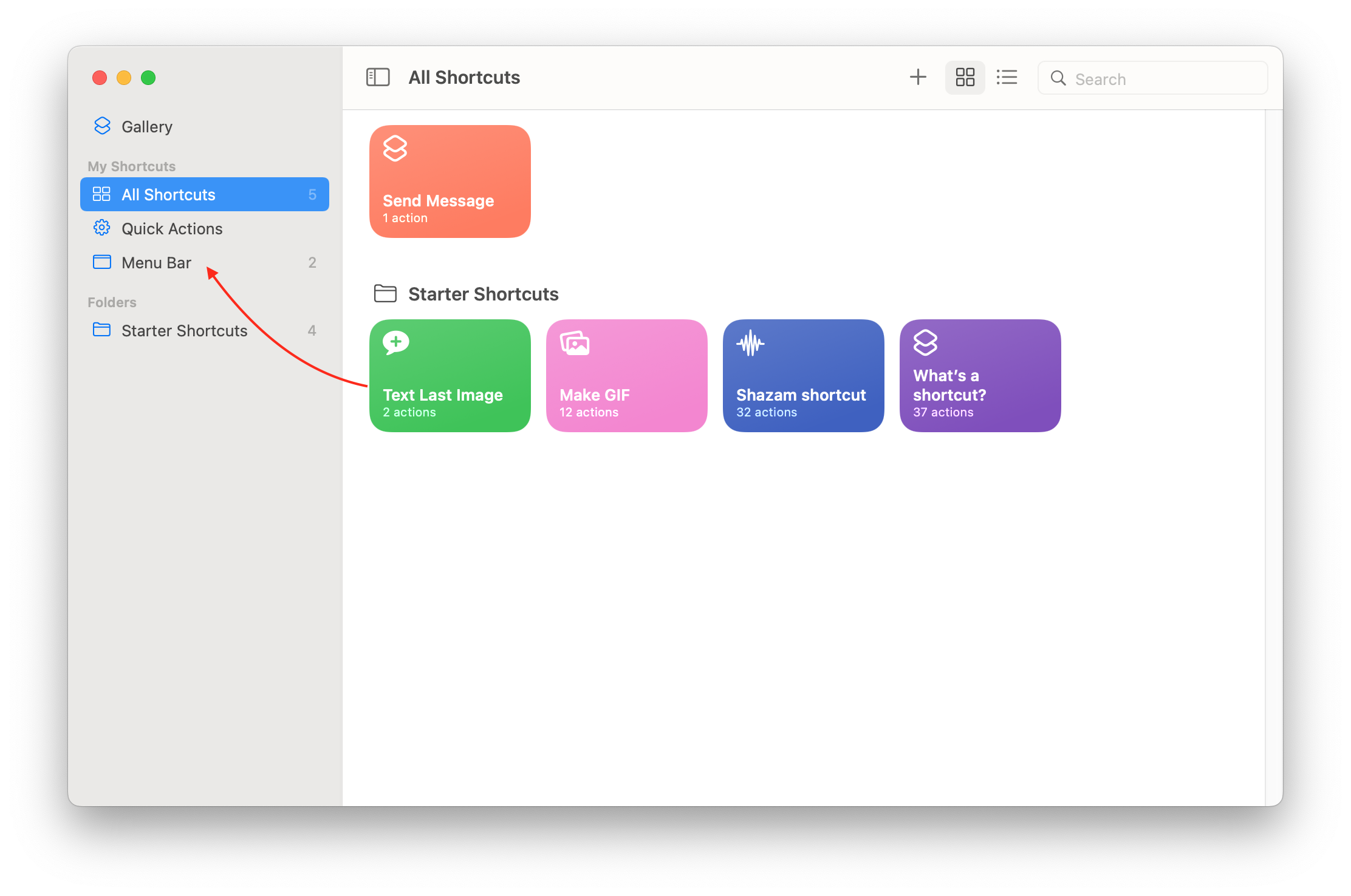 shortcuts command showing how to drag actions to the menu bar