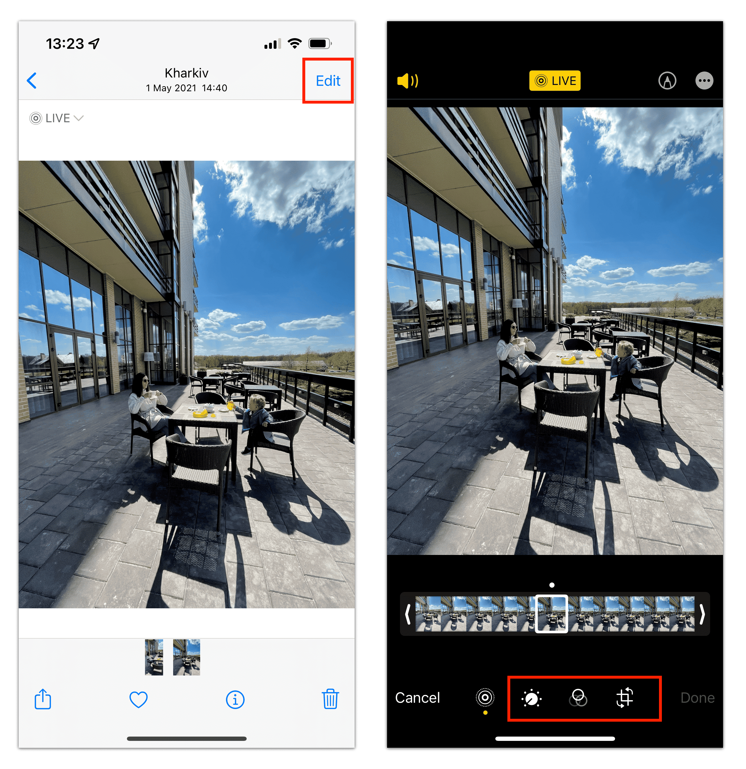 iphone screens showing how to edit live photos