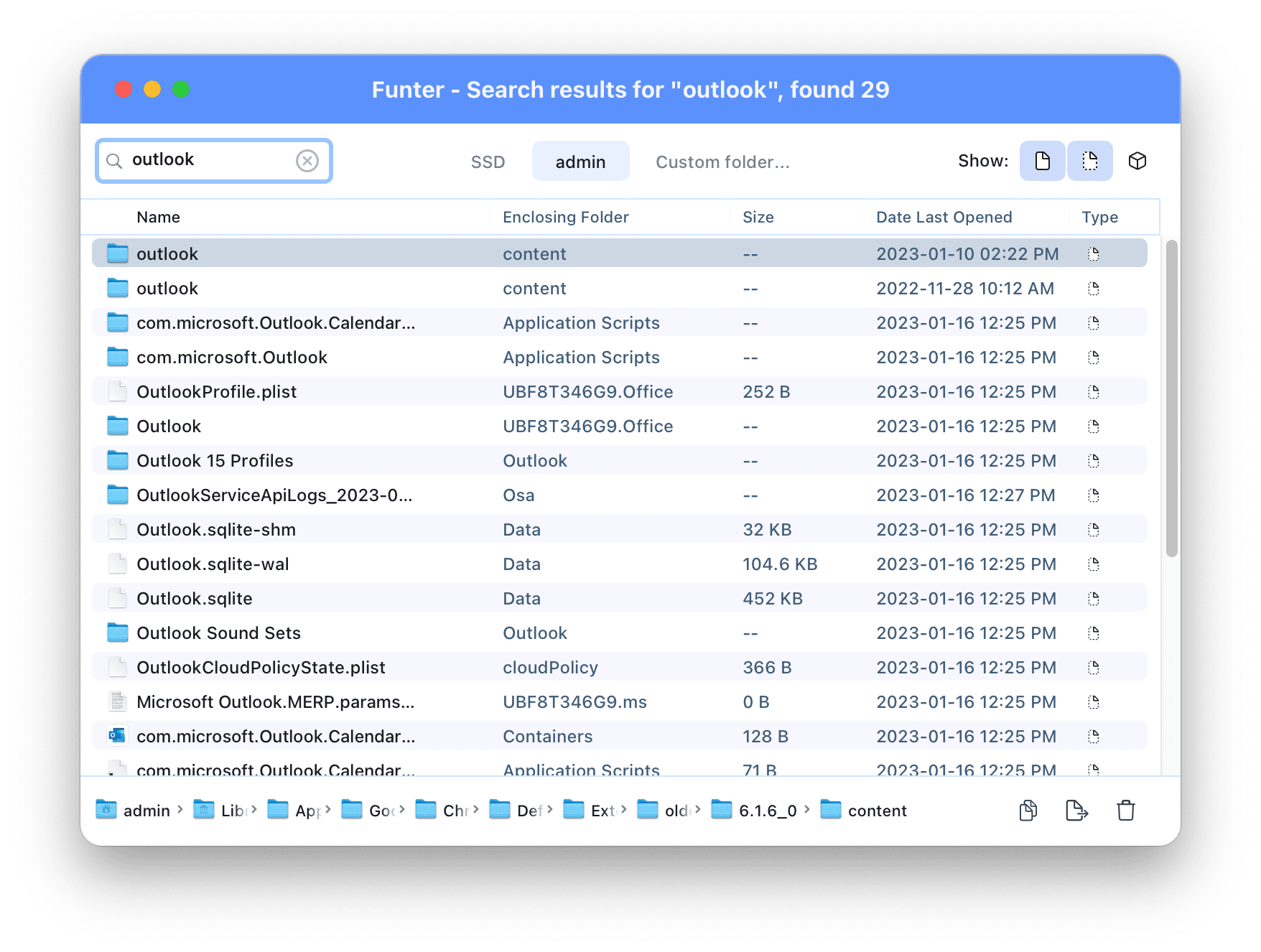 Funter showing Outlook temporary files