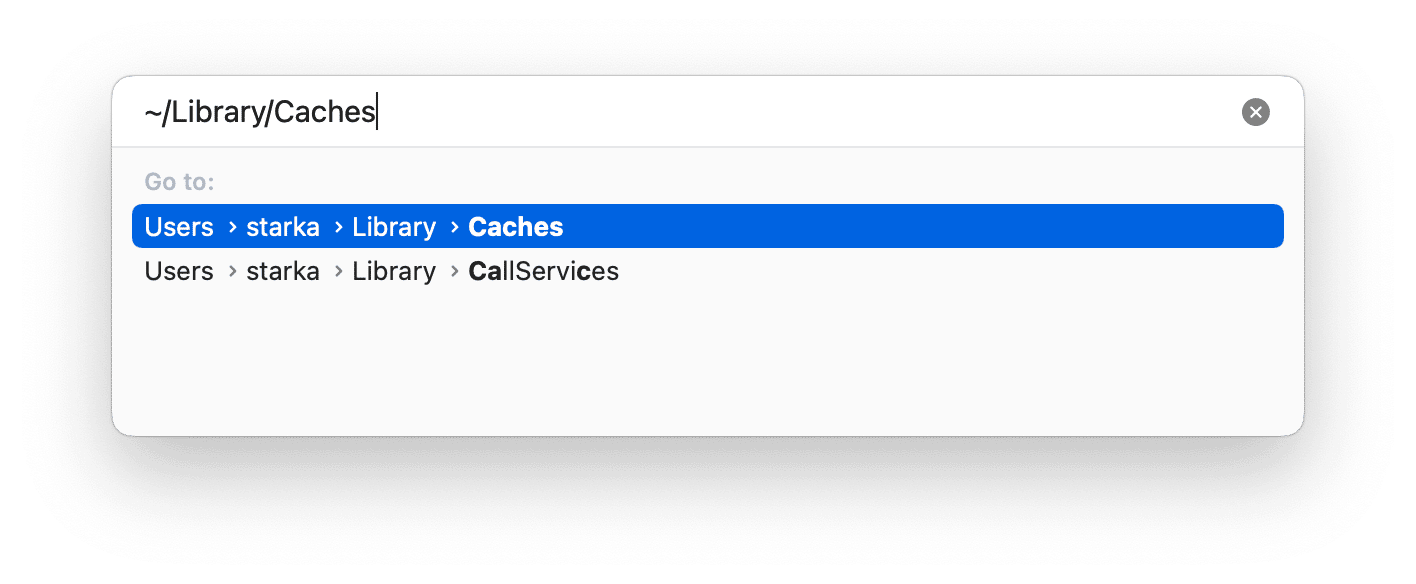 Go to folder search panel showing the cache files location