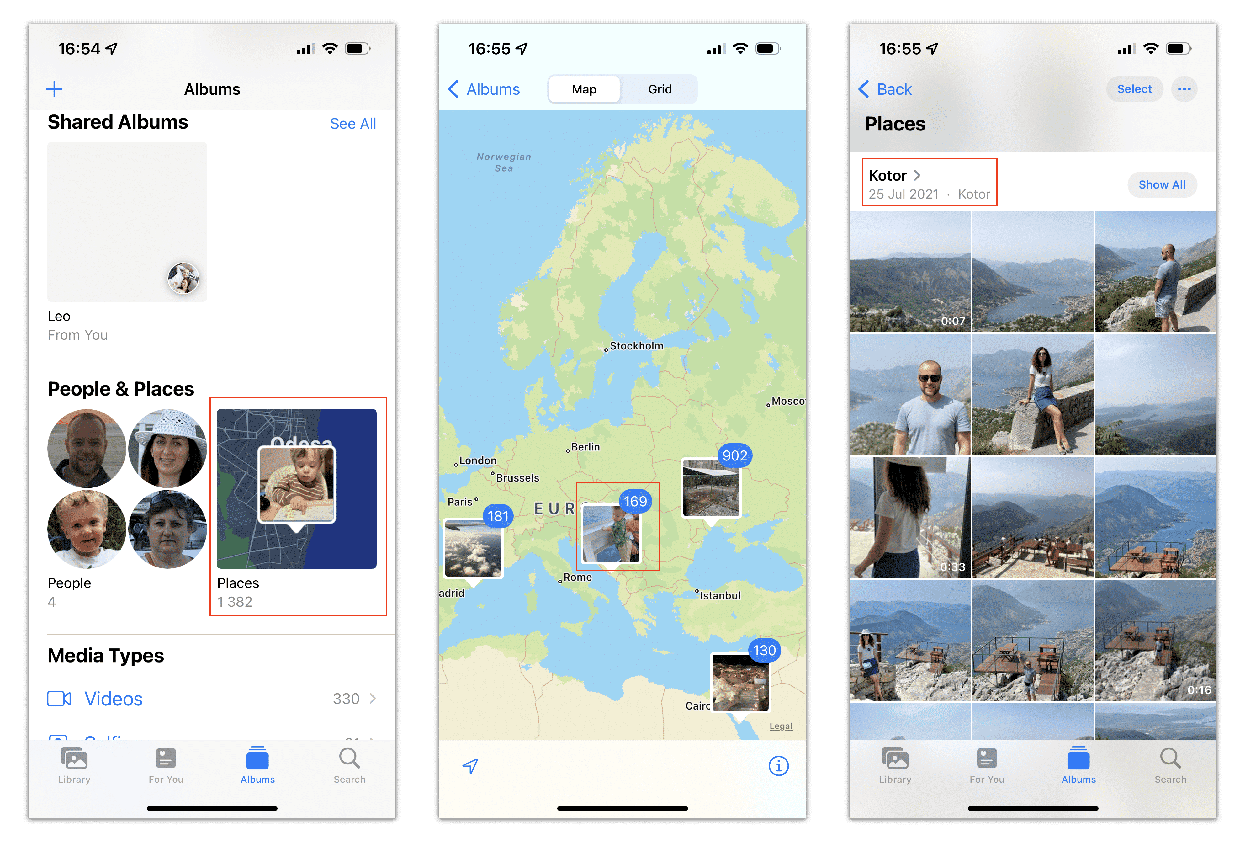 iPhone screens showing how to view photos by location