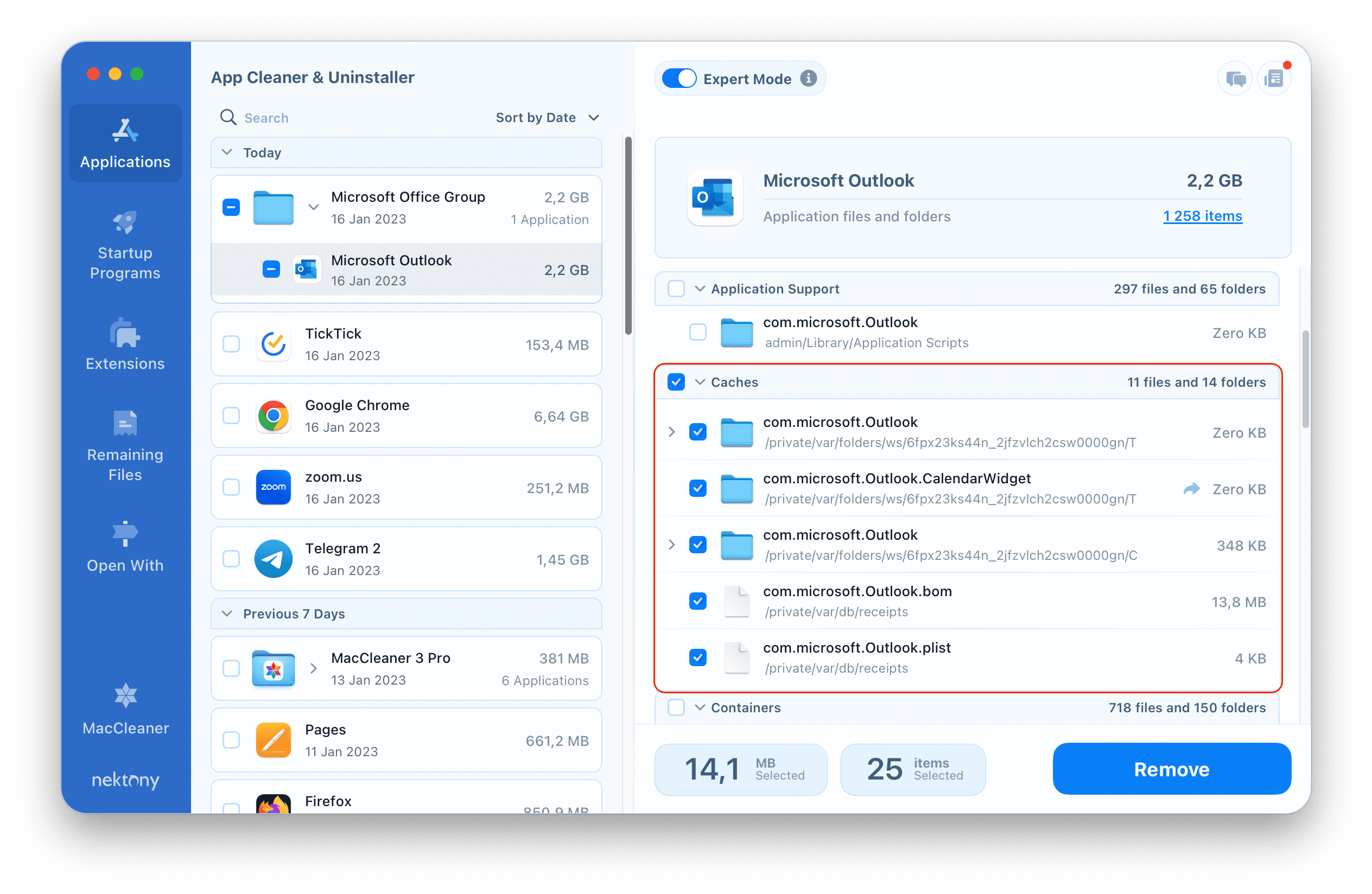 App Cleaner & uninstaller showing Outlook caches