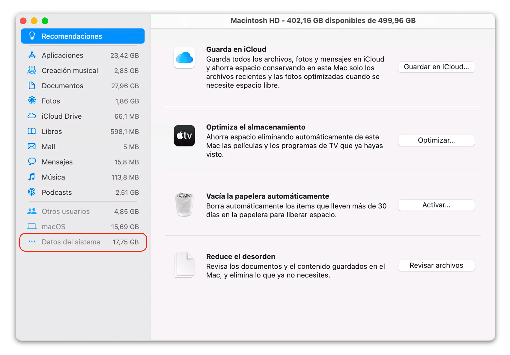 Managing Mac disk usage window with system data highlighted