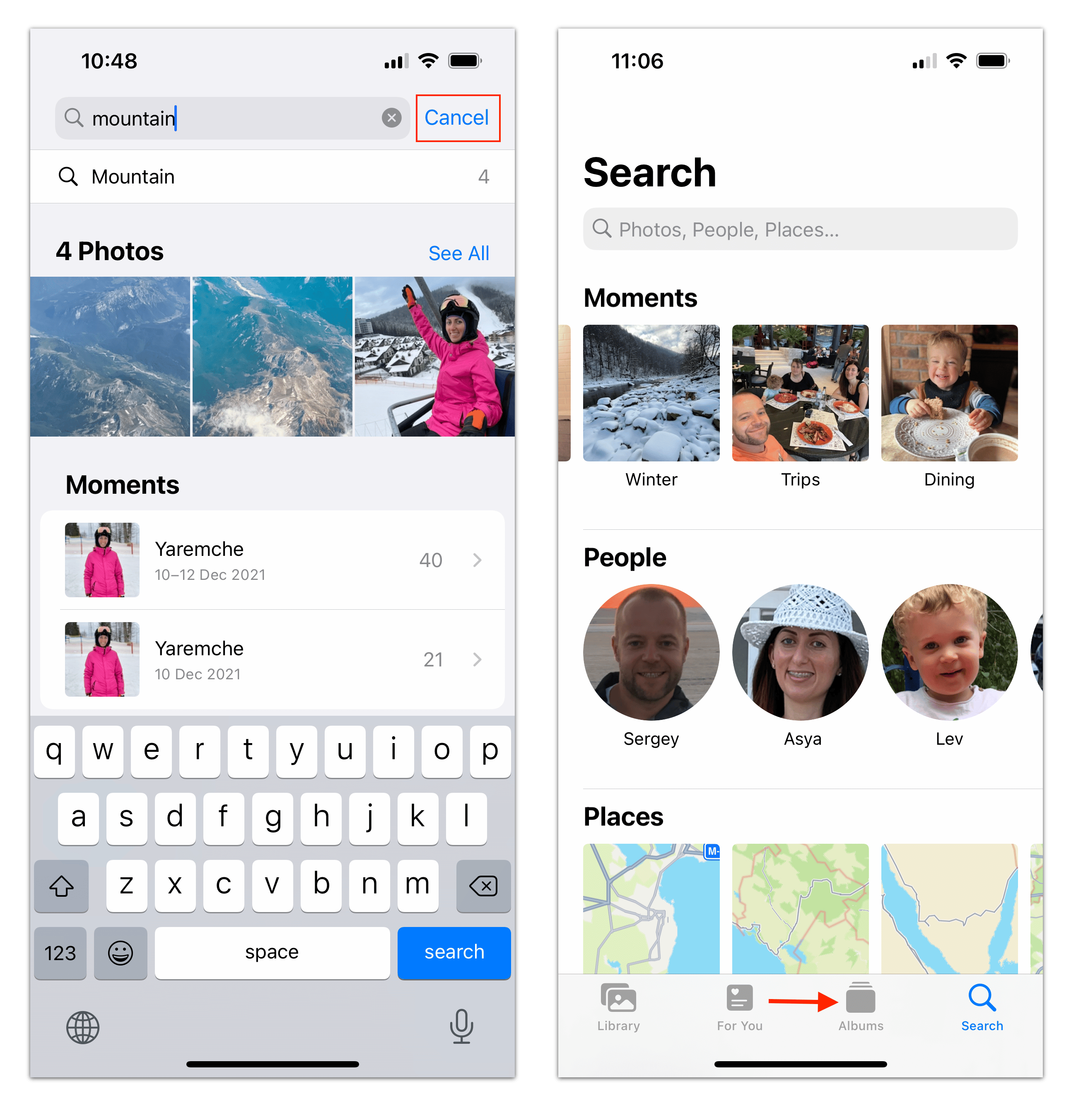 iPhone screens showing how to cancel photo search