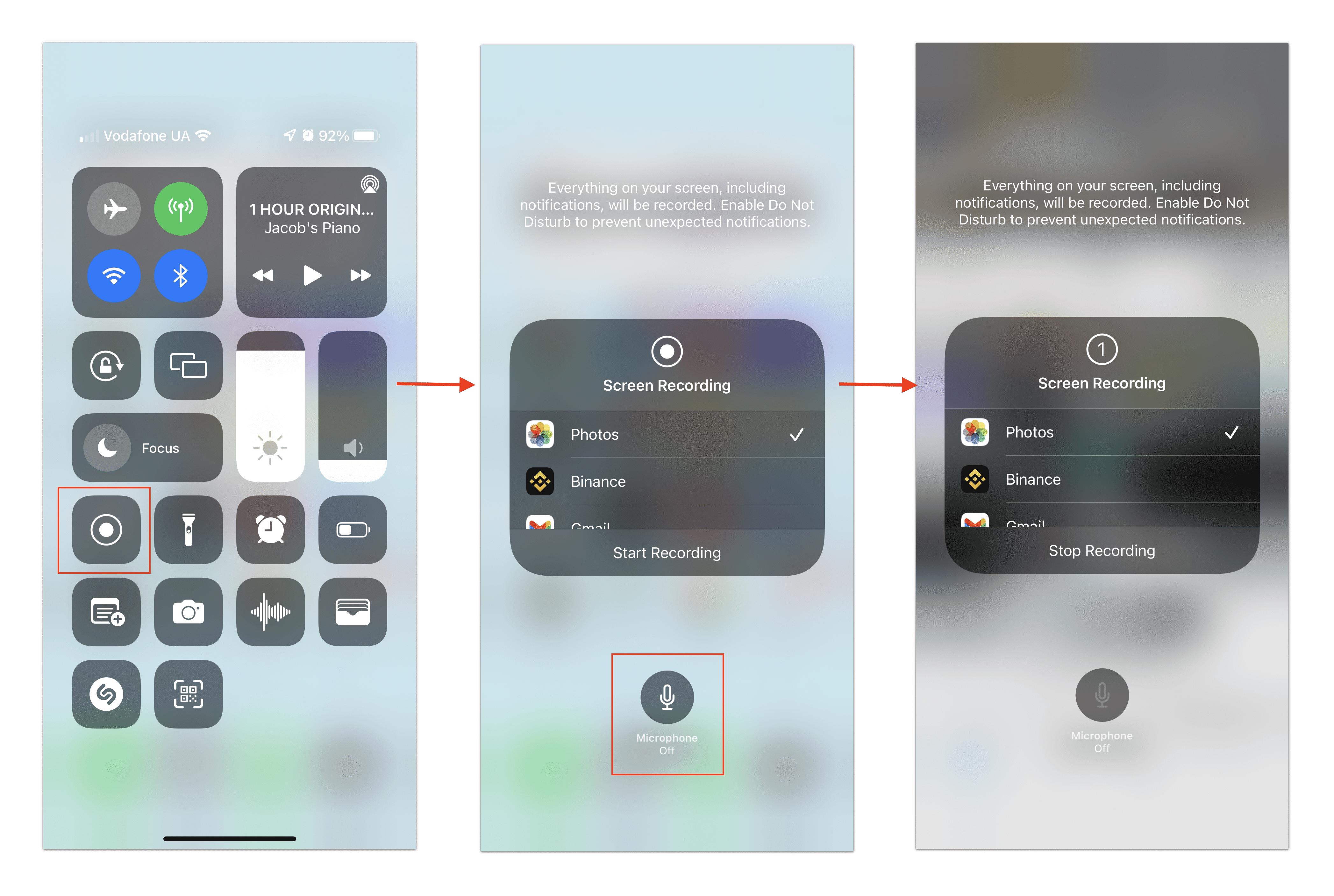 iPhone screens showing how to screen record with voice