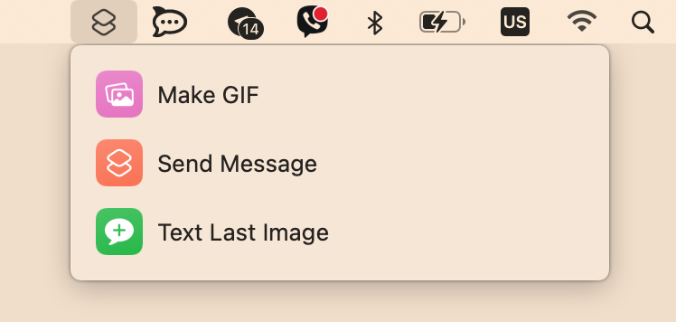  Shortcuts drop menu in the menu bar