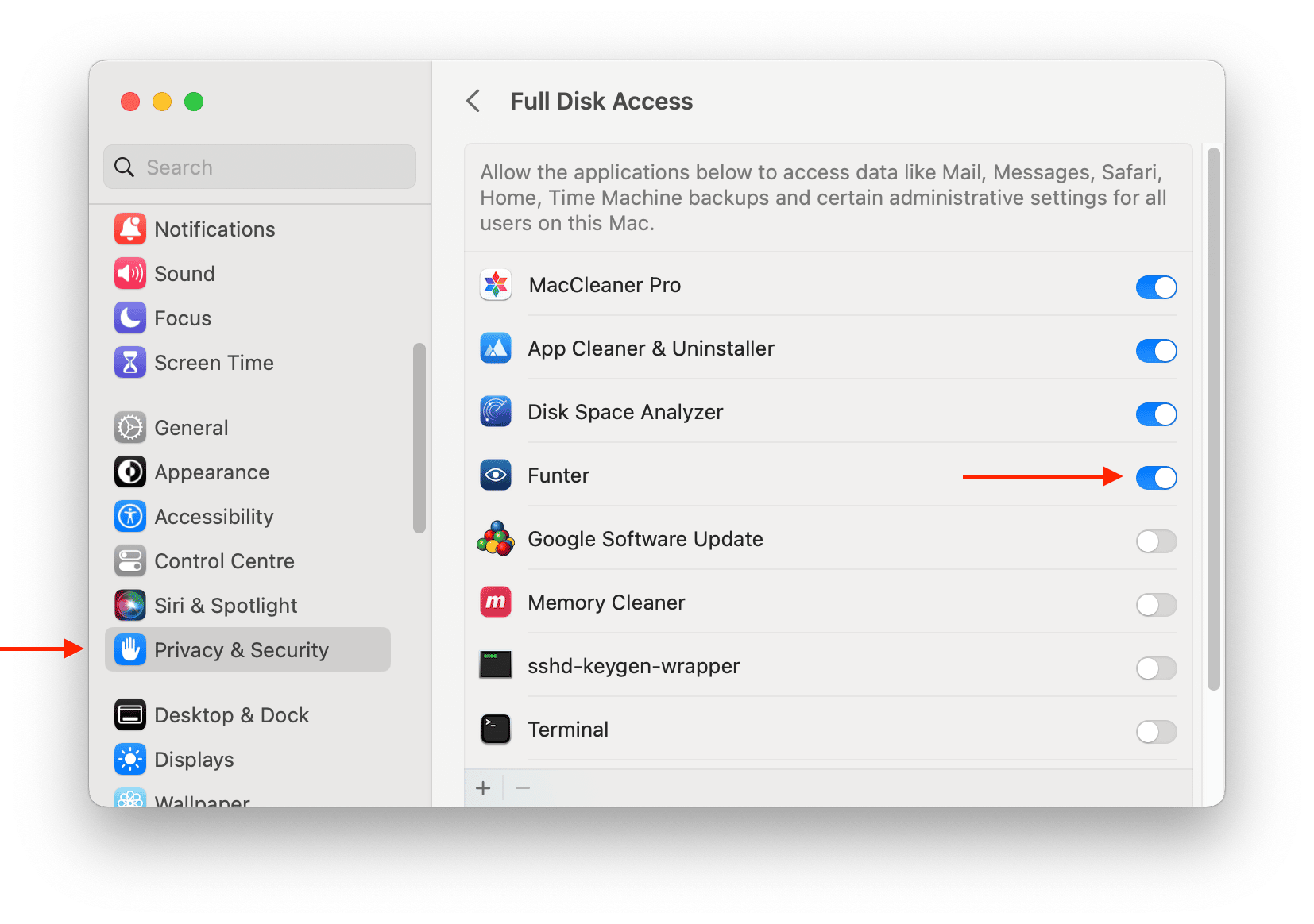 Full disk access for Funter