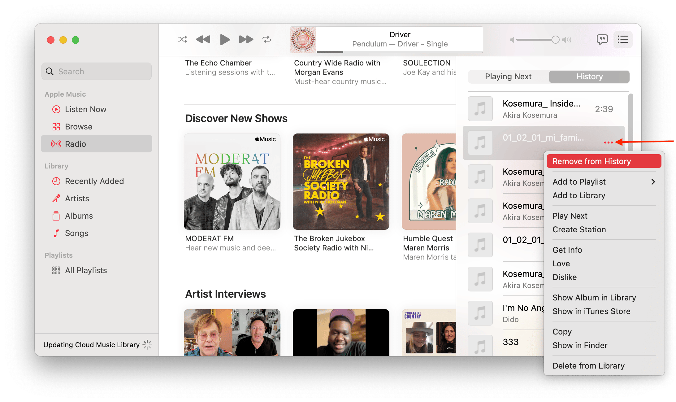 removing items from Apple Music history