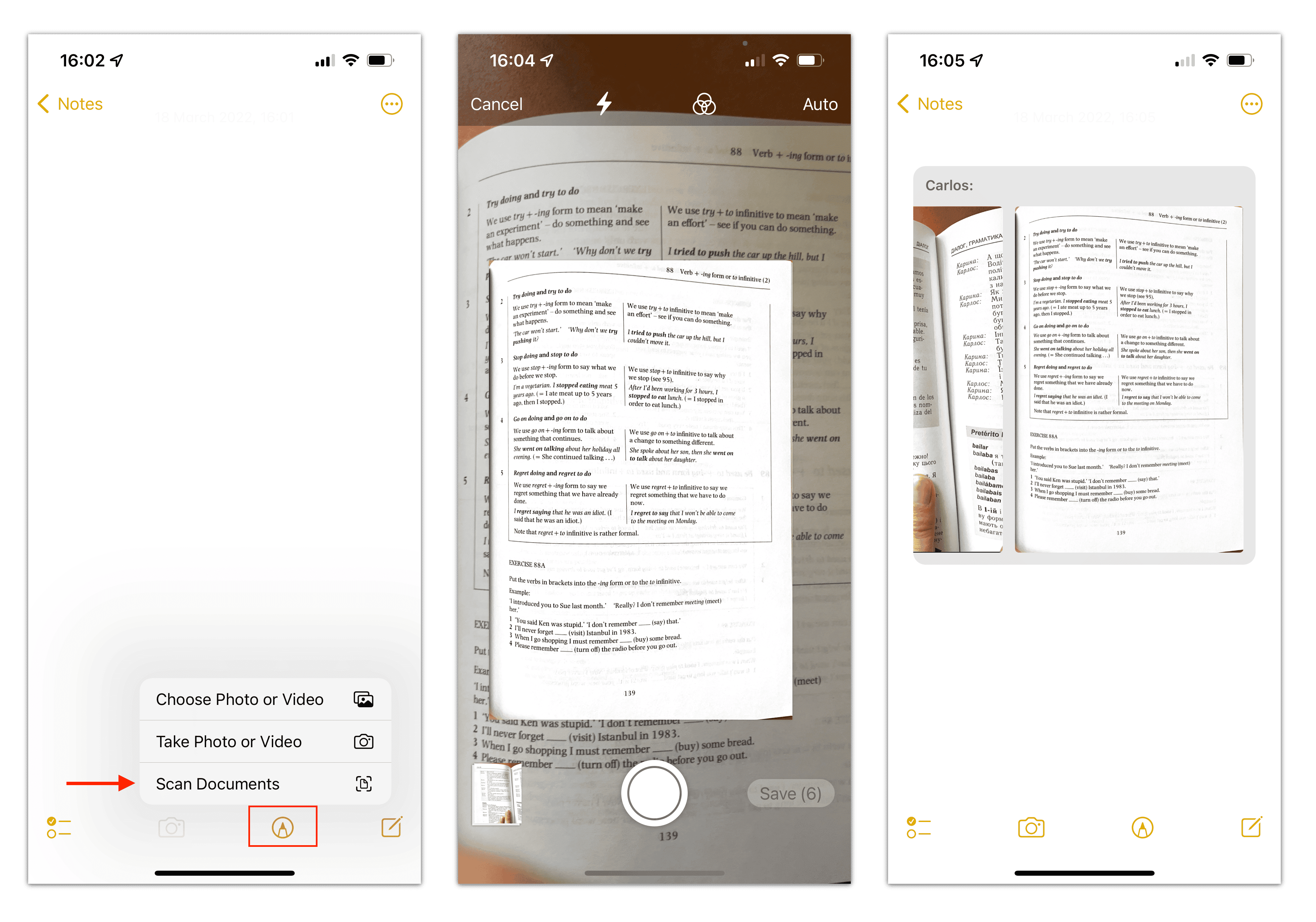 iPhone screens showing how to scan documents in notes