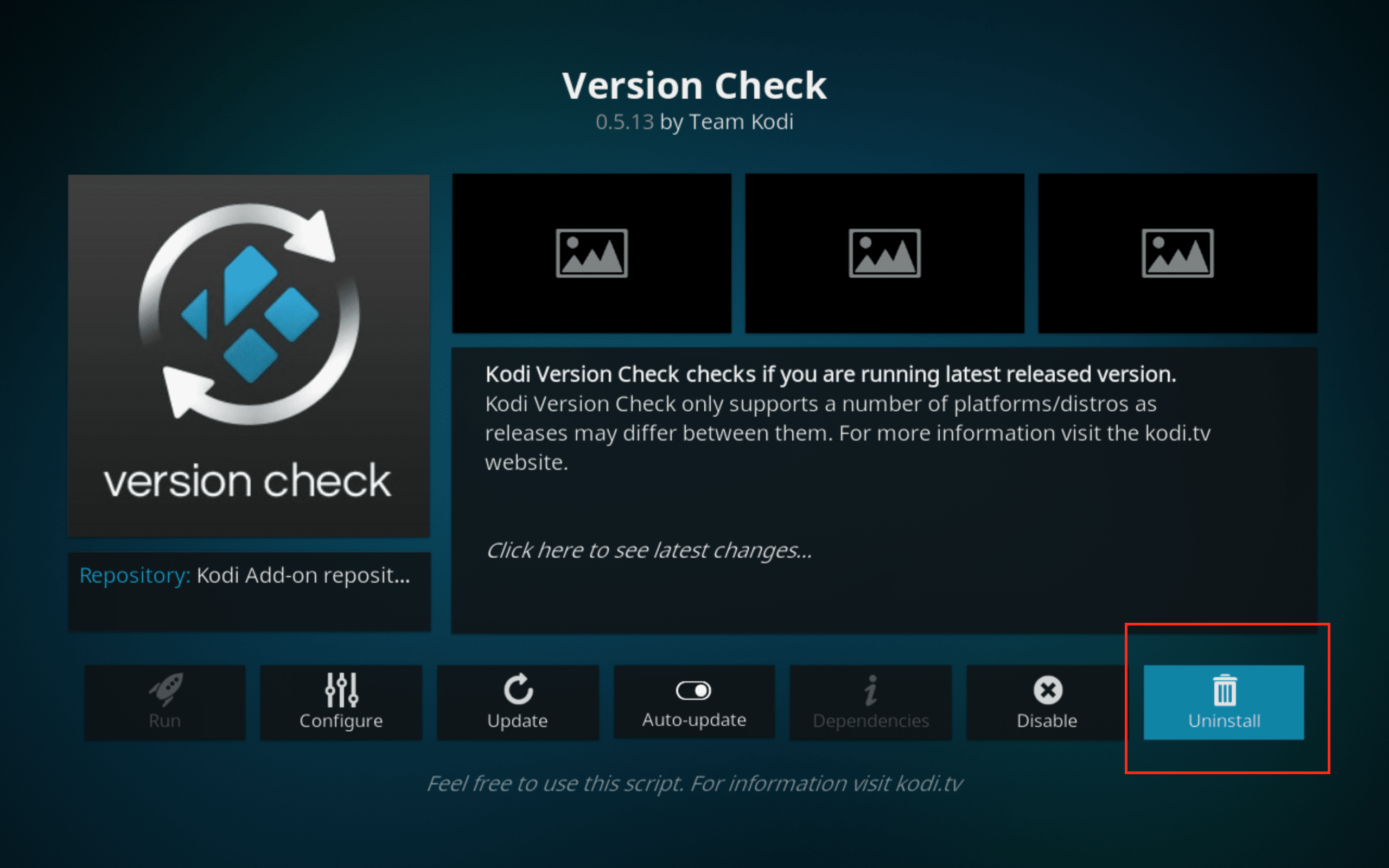 Kodi window showing addon with the Uninstall option highlighted