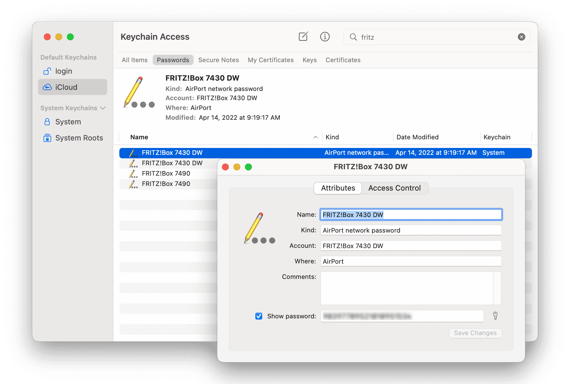 keychain access showing wifi password on a mac