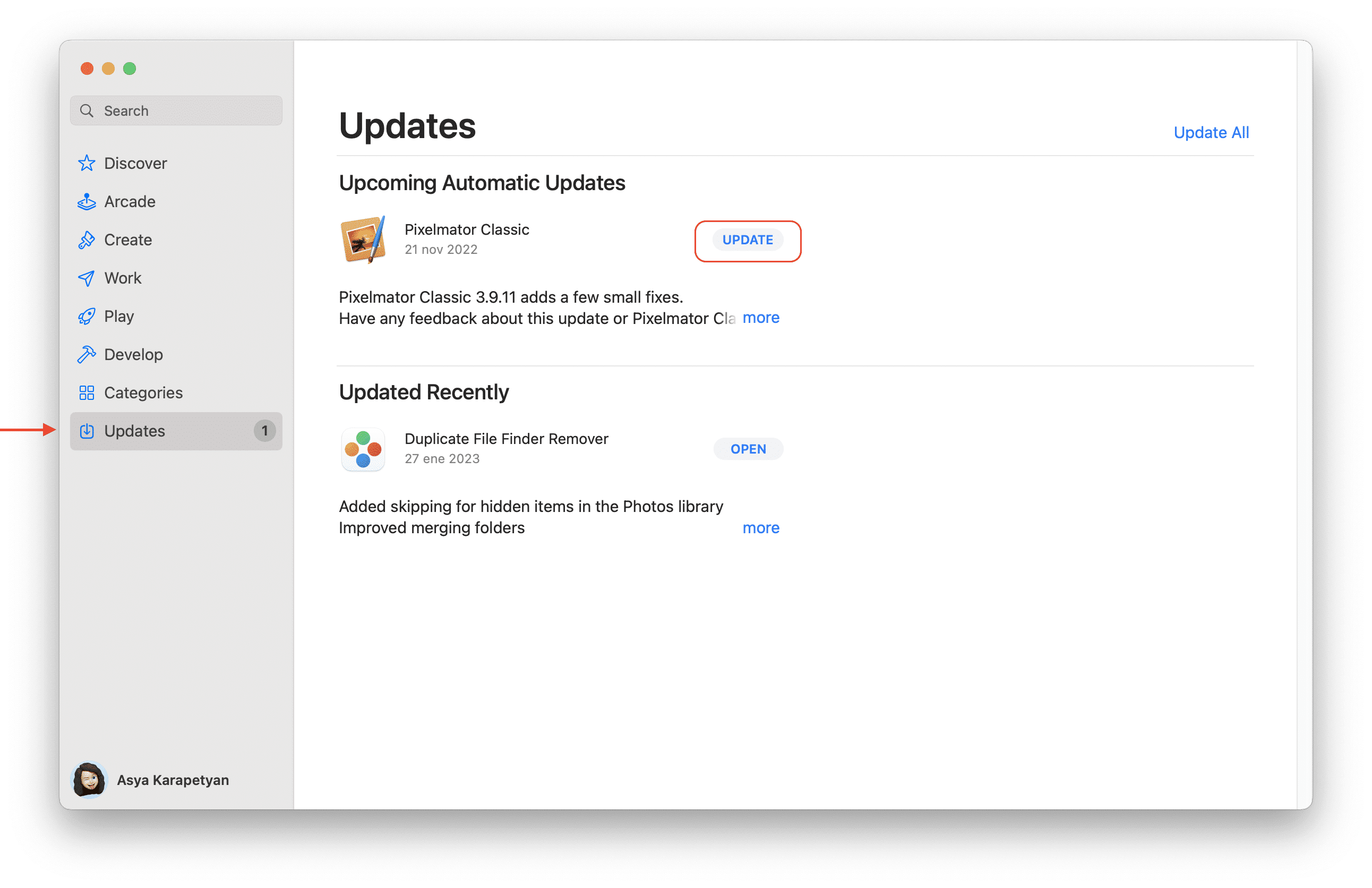 App Store window with Updates tab