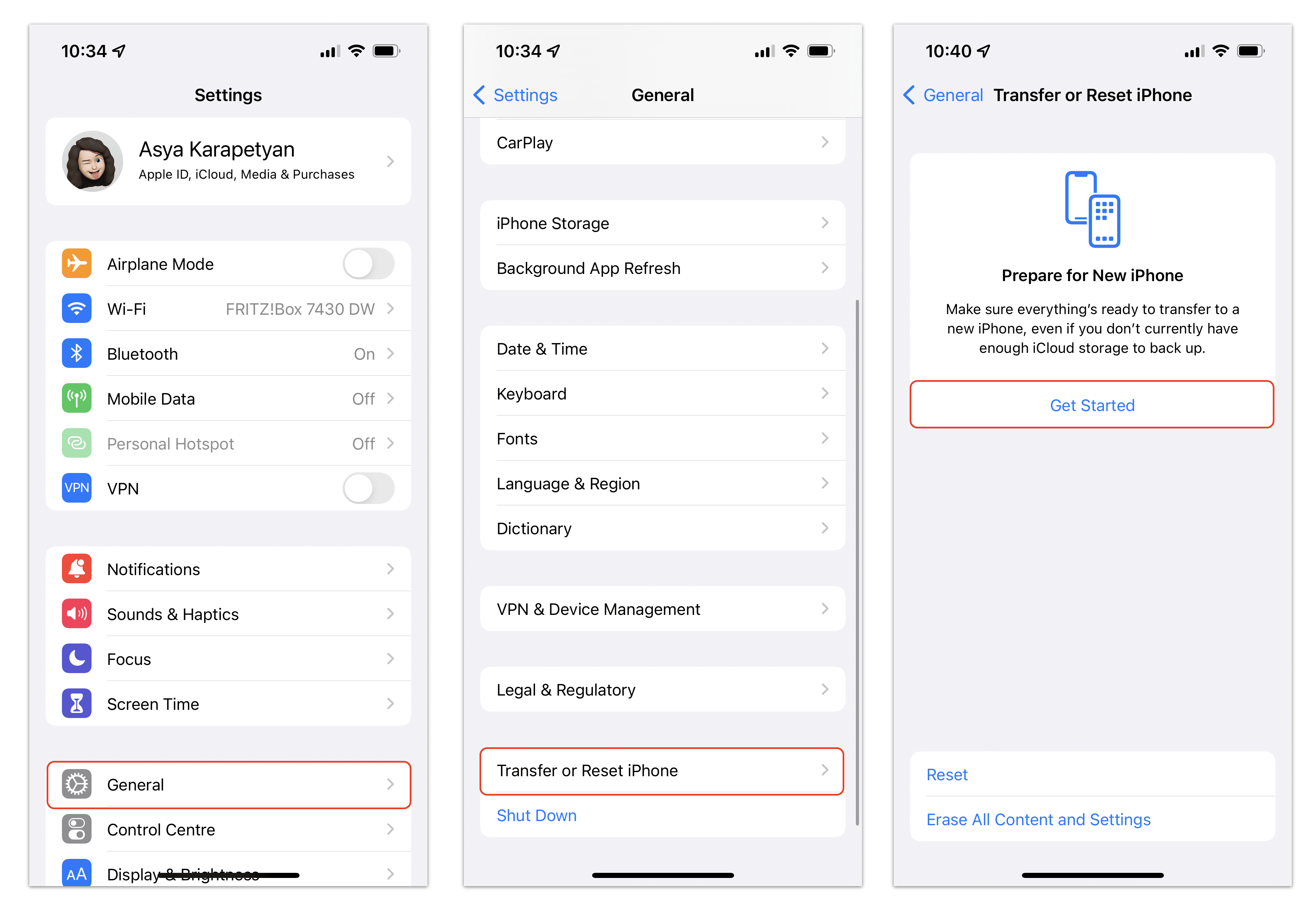 iPhone screens showing how to back up iPhone for transferring to a new device