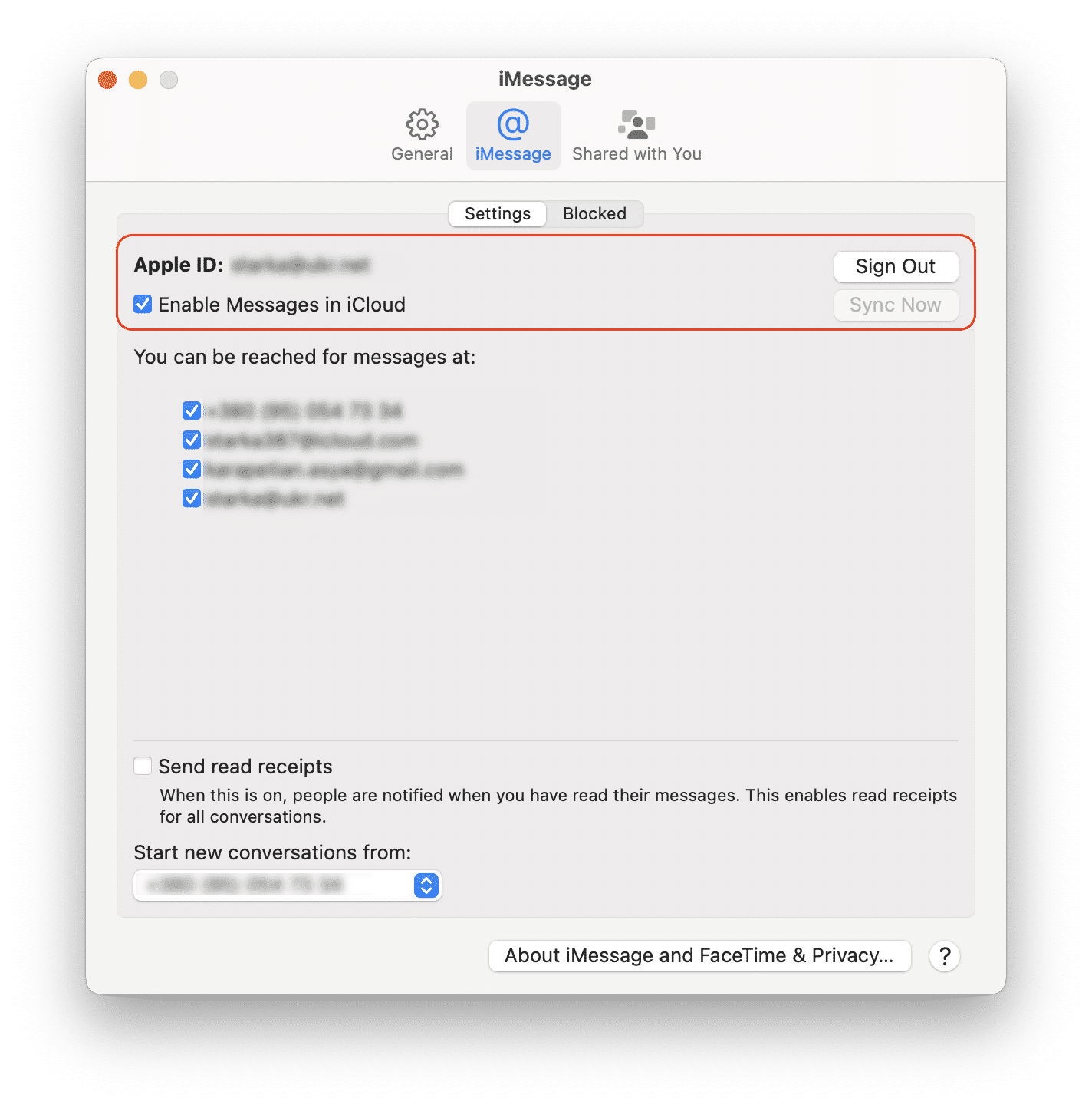 iMessage settings window
