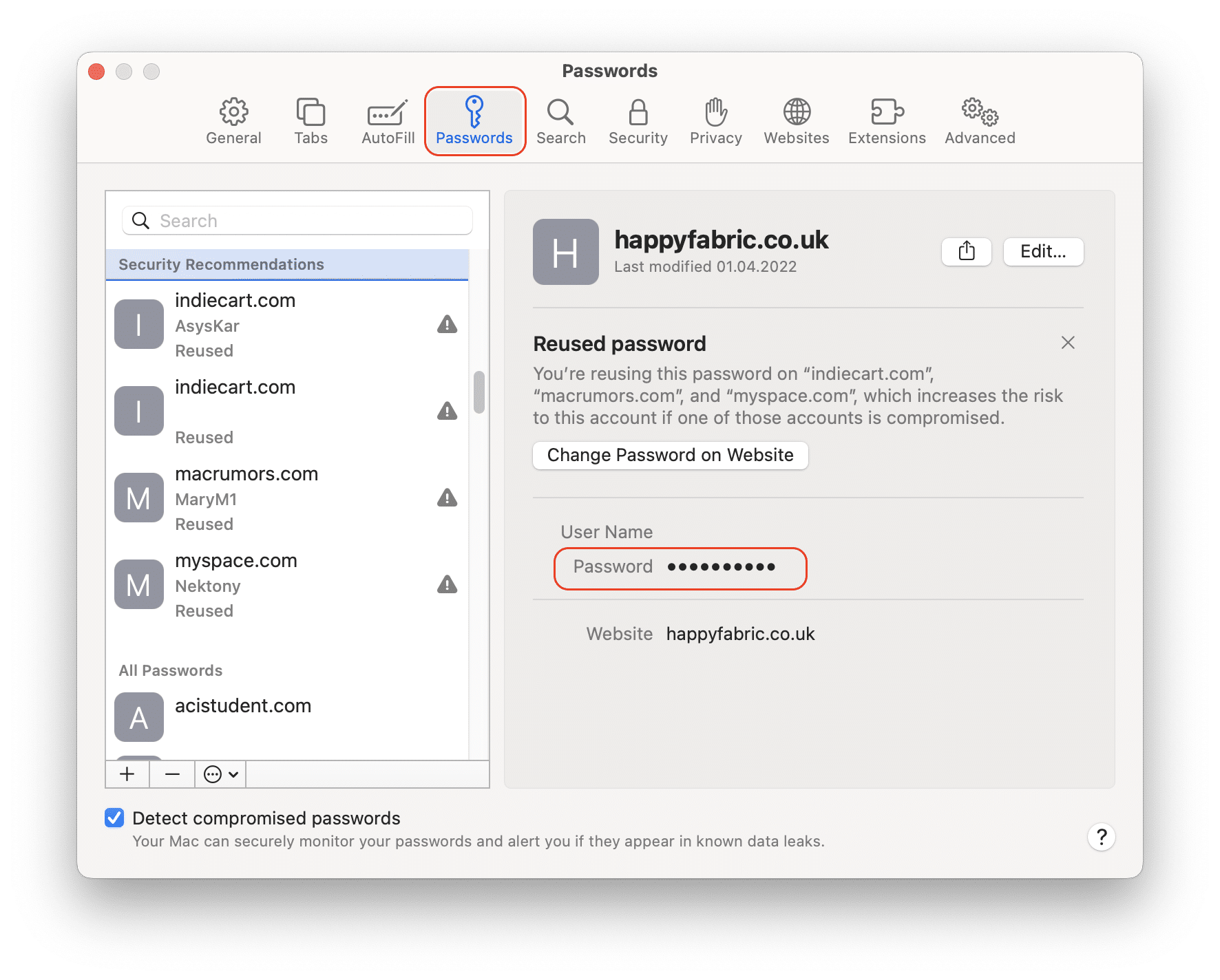 Passwords tab in Safari settings