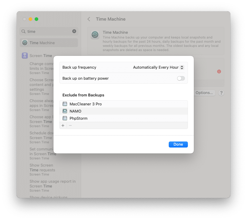 Time Machine settings on macOS Ventura