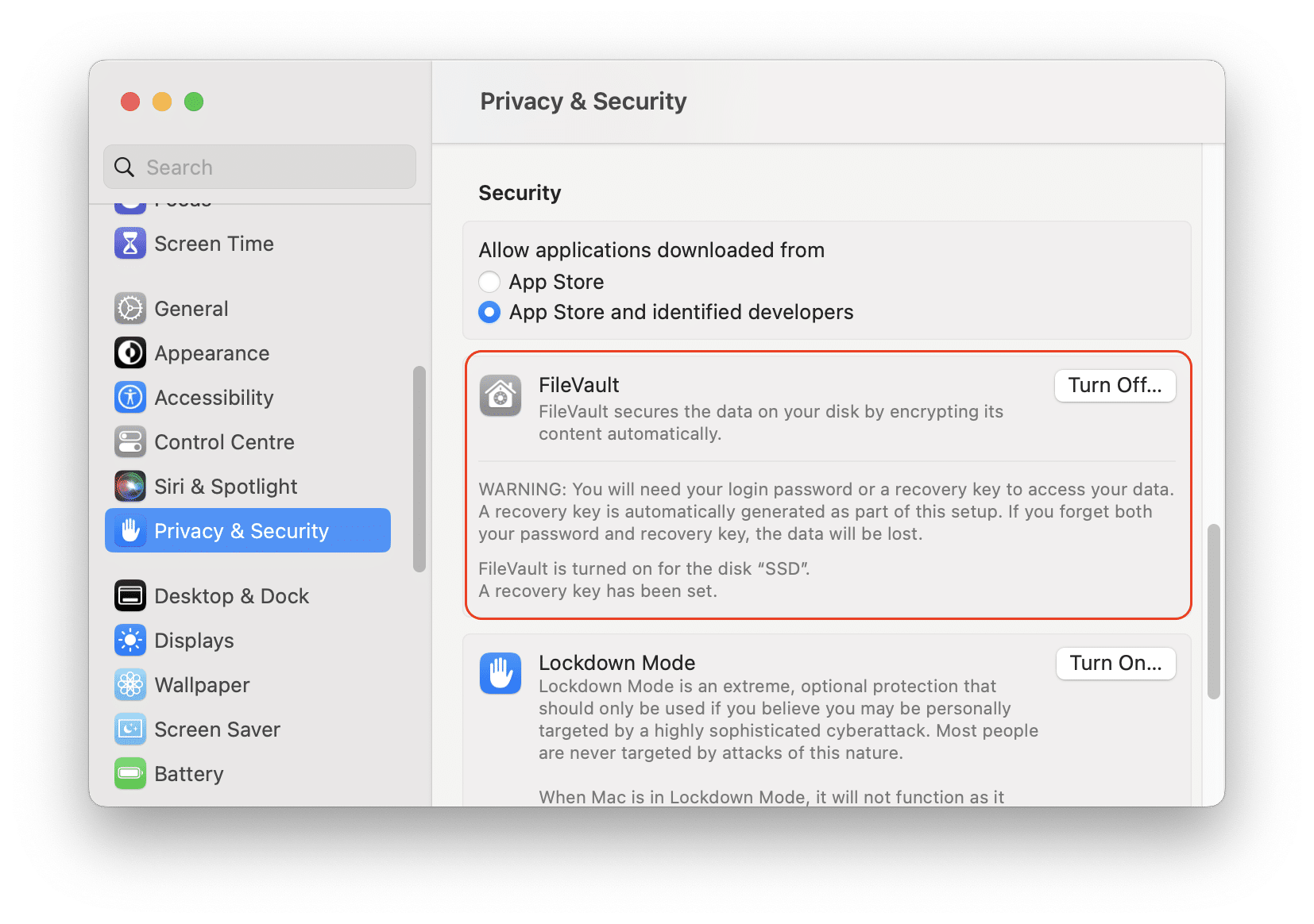 System Settings showing the FileVault section
