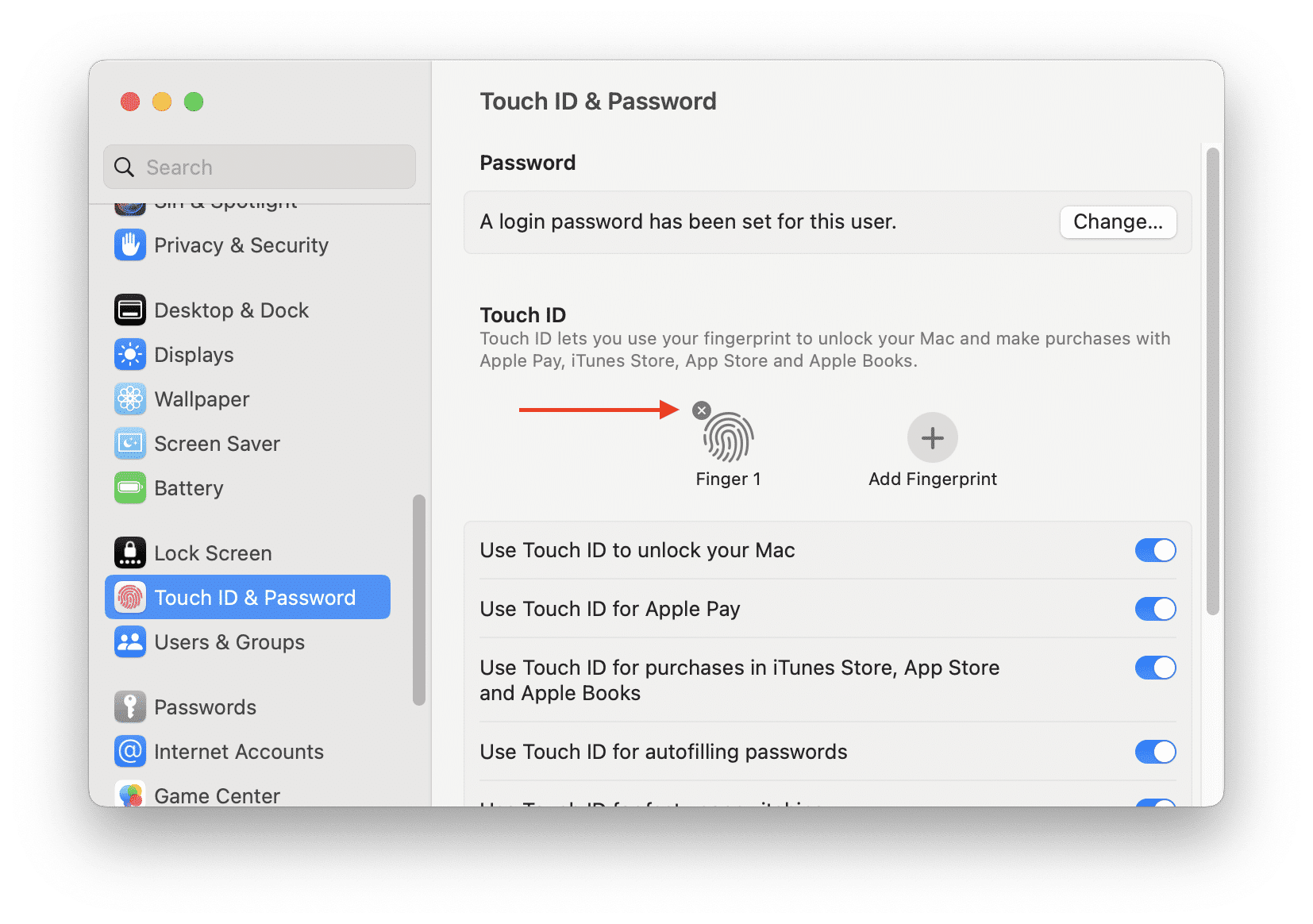 System Settings window showing how to re-add touch ID