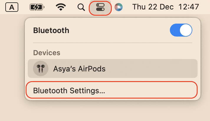 Bluetooth window with the settings option highlighted