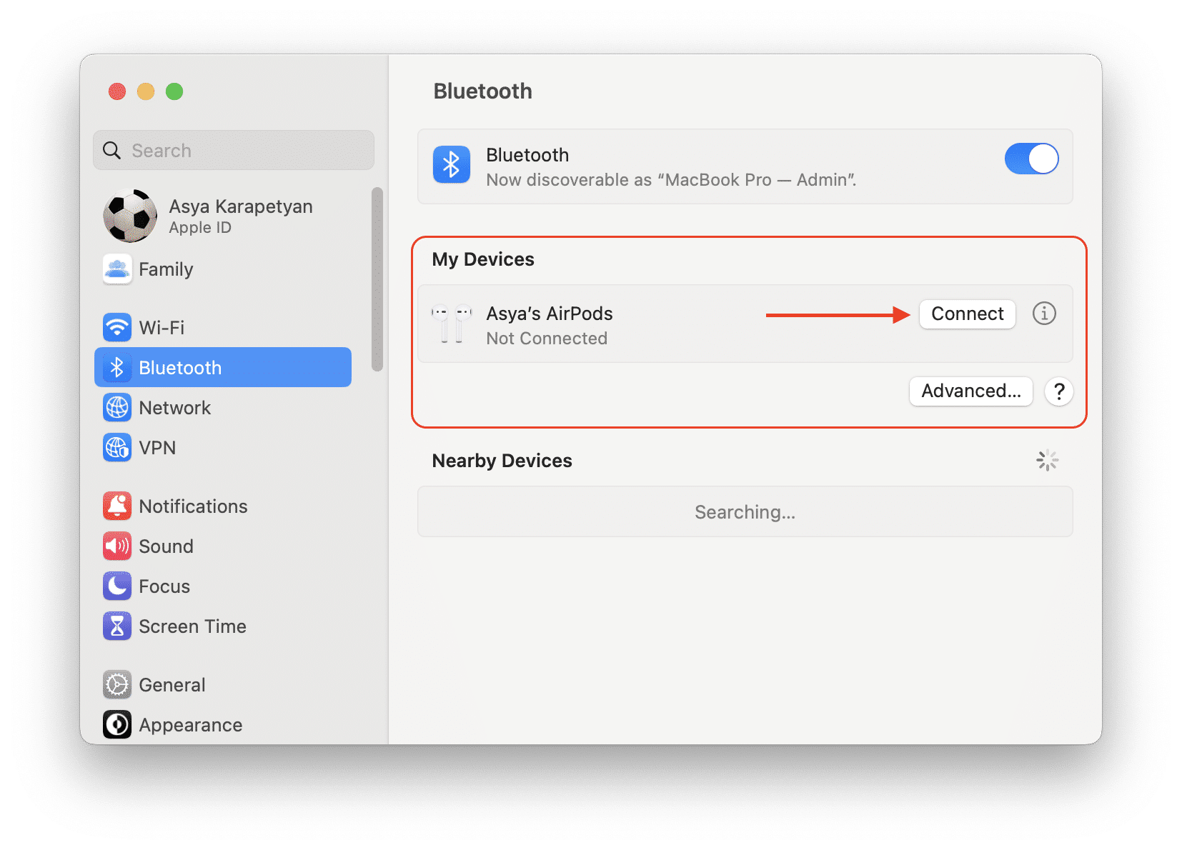 Bluetooth settings window showing devices to connect