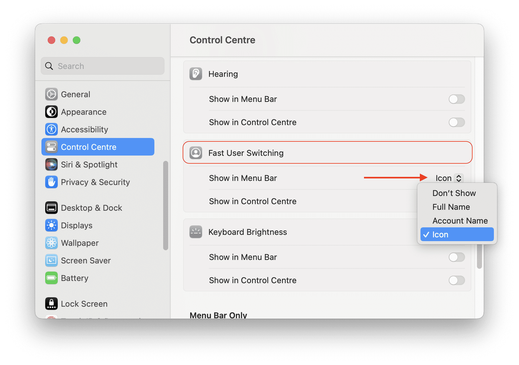 System Settings showing Control Centre