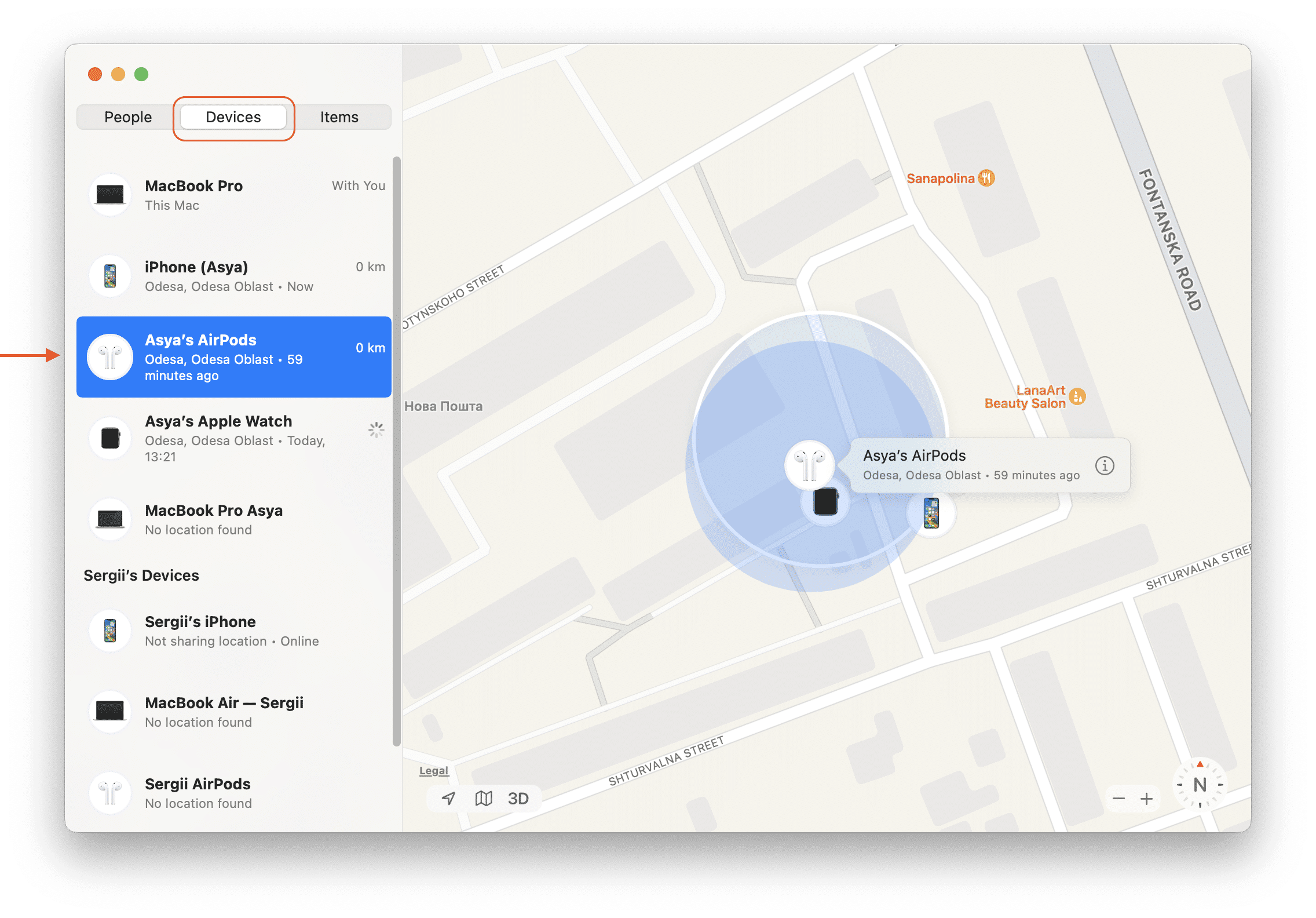 Find My app showing AirPods on Mac