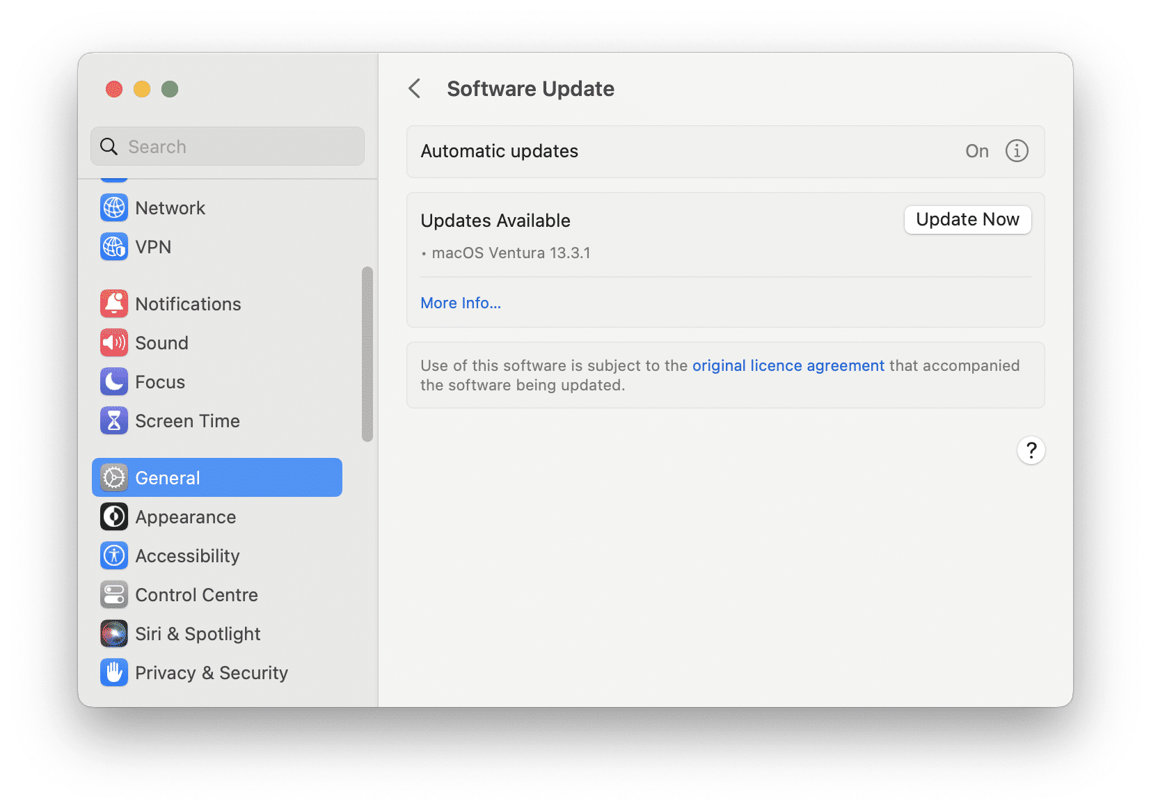 System settings showing the software update section