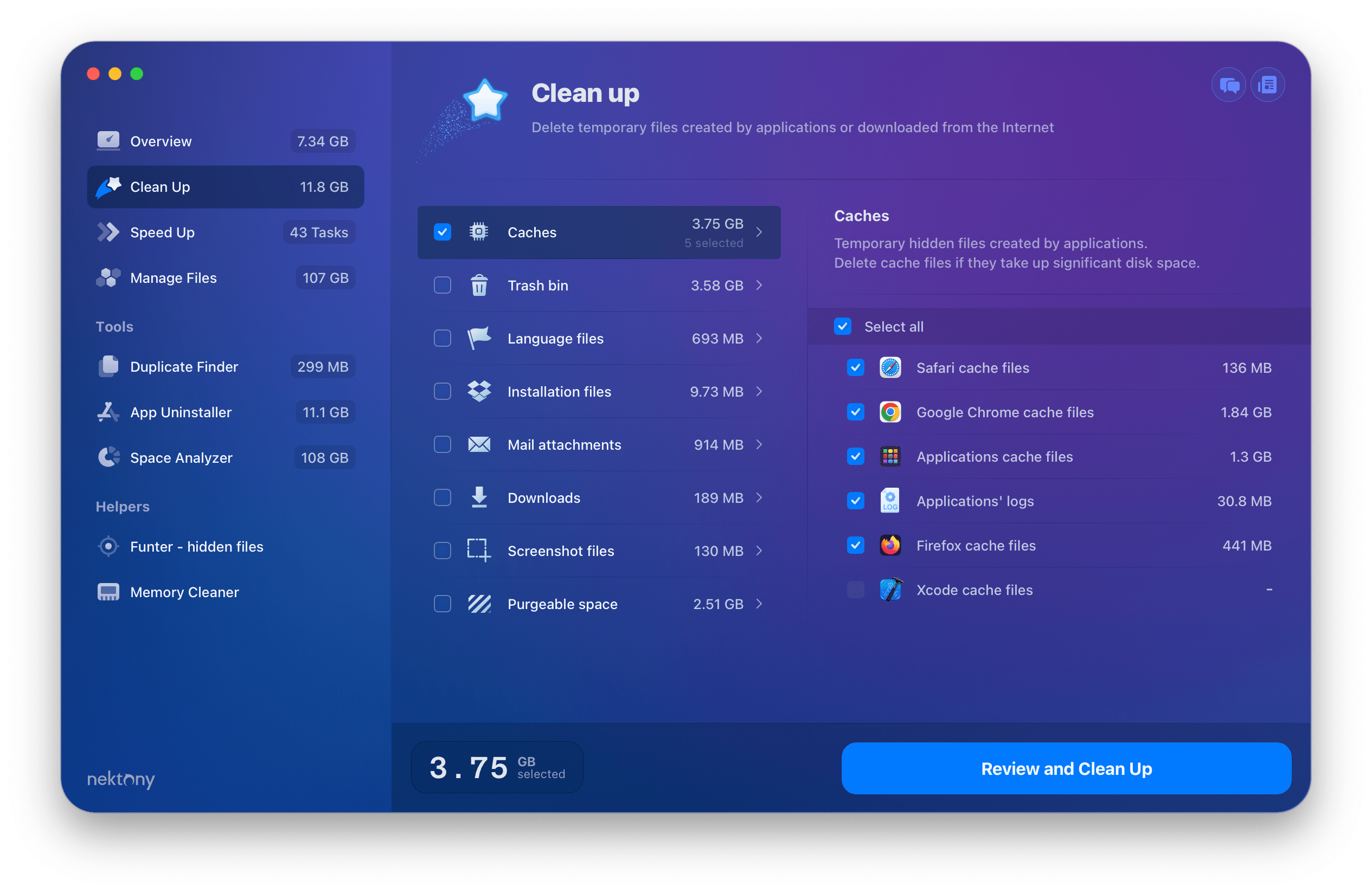 MacCleaner showing selected cache files